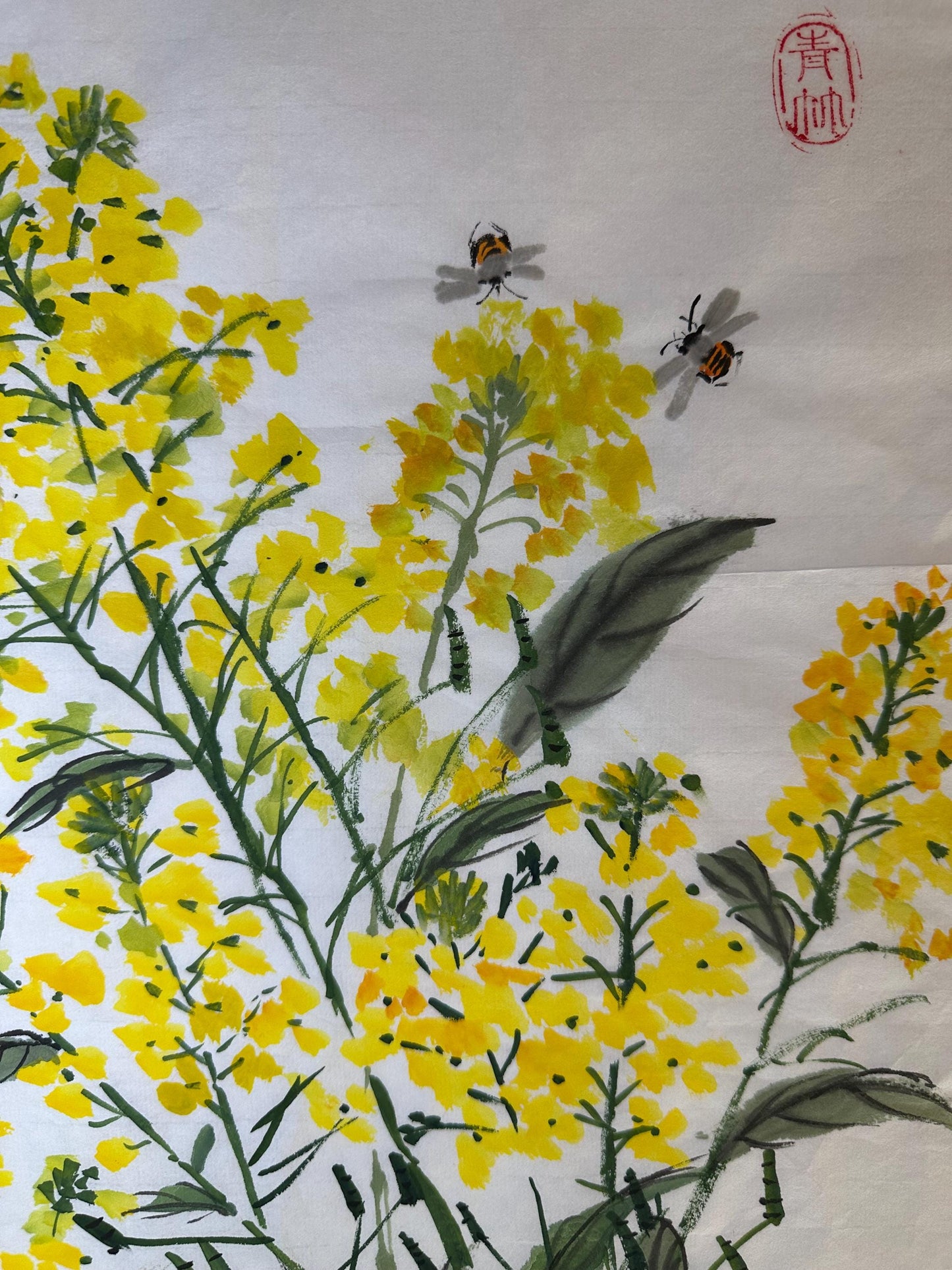 Original Chinese Ink Bee & Yellow Flower Painting | Hand Painted Floral Wall Art | 19 x 19 Inches | One of a Kind