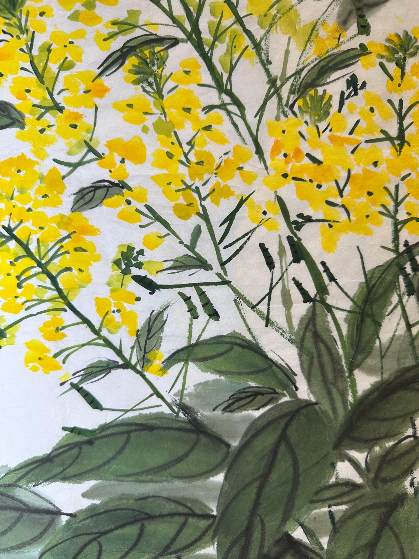 Original Chinese Ink Bee & Yellow Flower Painting | Hand Painted Floral Wall Art | 19 x 19 Inches | One of a Kind