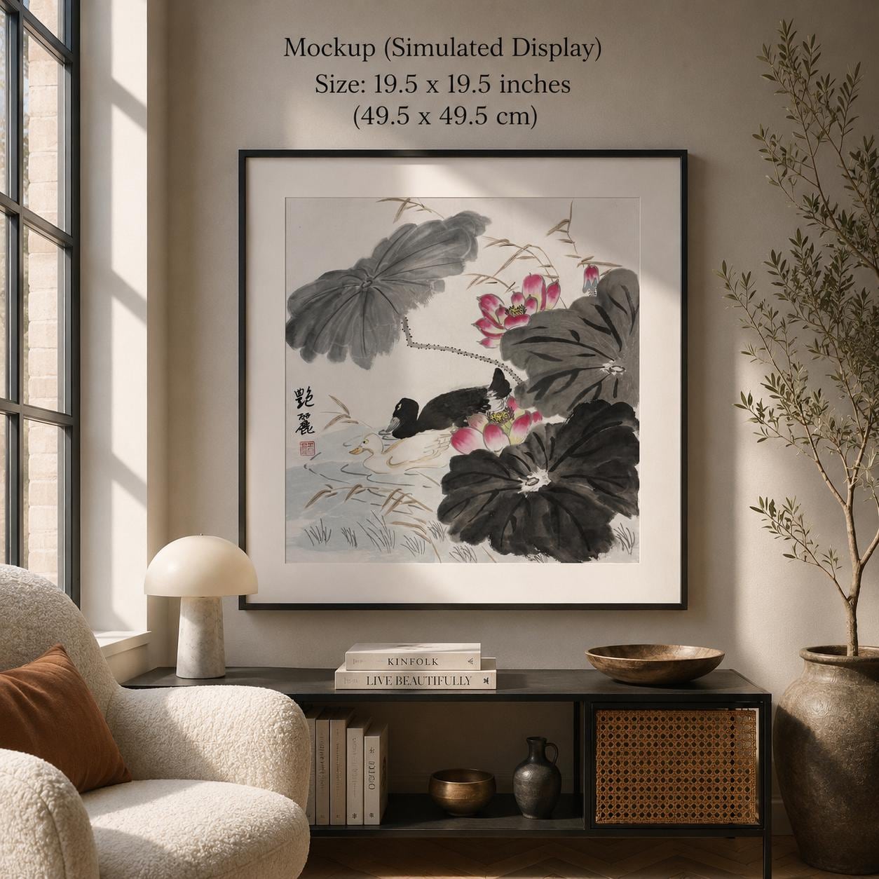 Original Chinese Ink Lotus & Mandarin Ducks Painting | Hand Painted Nature Wall Art | 19.5 x 19.5 Inches | One of a Kind