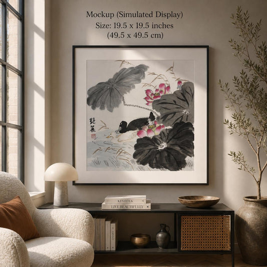 Original Chinese Ink Lotus & Mandarin Ducks Painting | Hand Painted Nature Wall Art | 19.5 x 19.5 Inches | One of a Kind