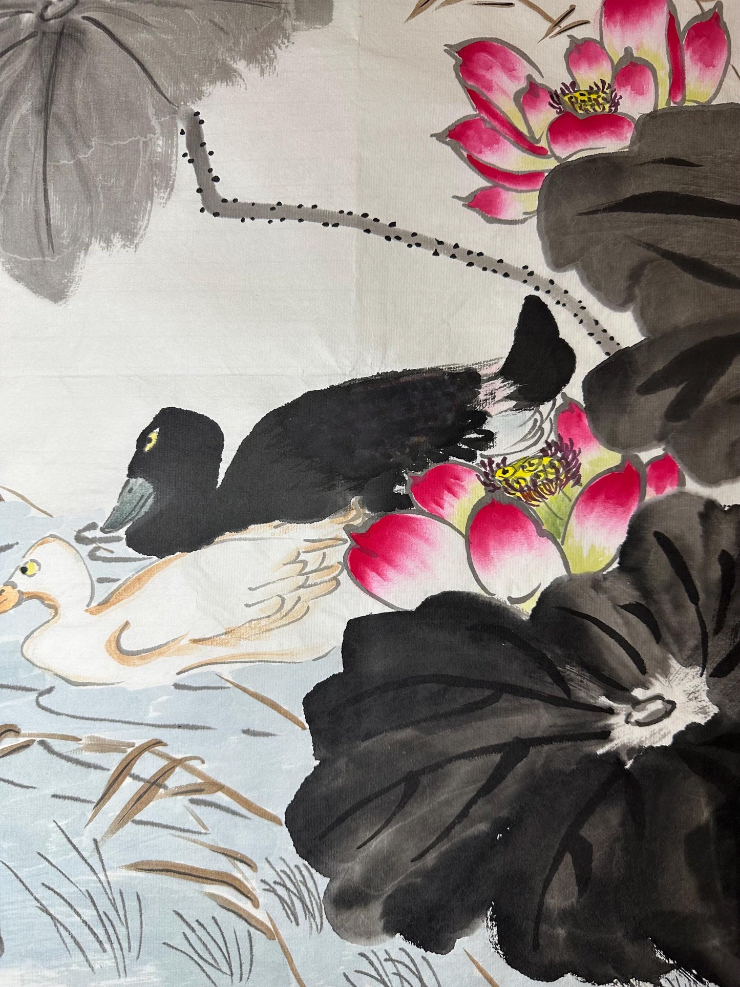 Original Chinese Ink Lotus & Mandarin Ducks Painting | Hand Painted Nature Wall Art | 19.5 x 19.5 Inches | One of a Kind