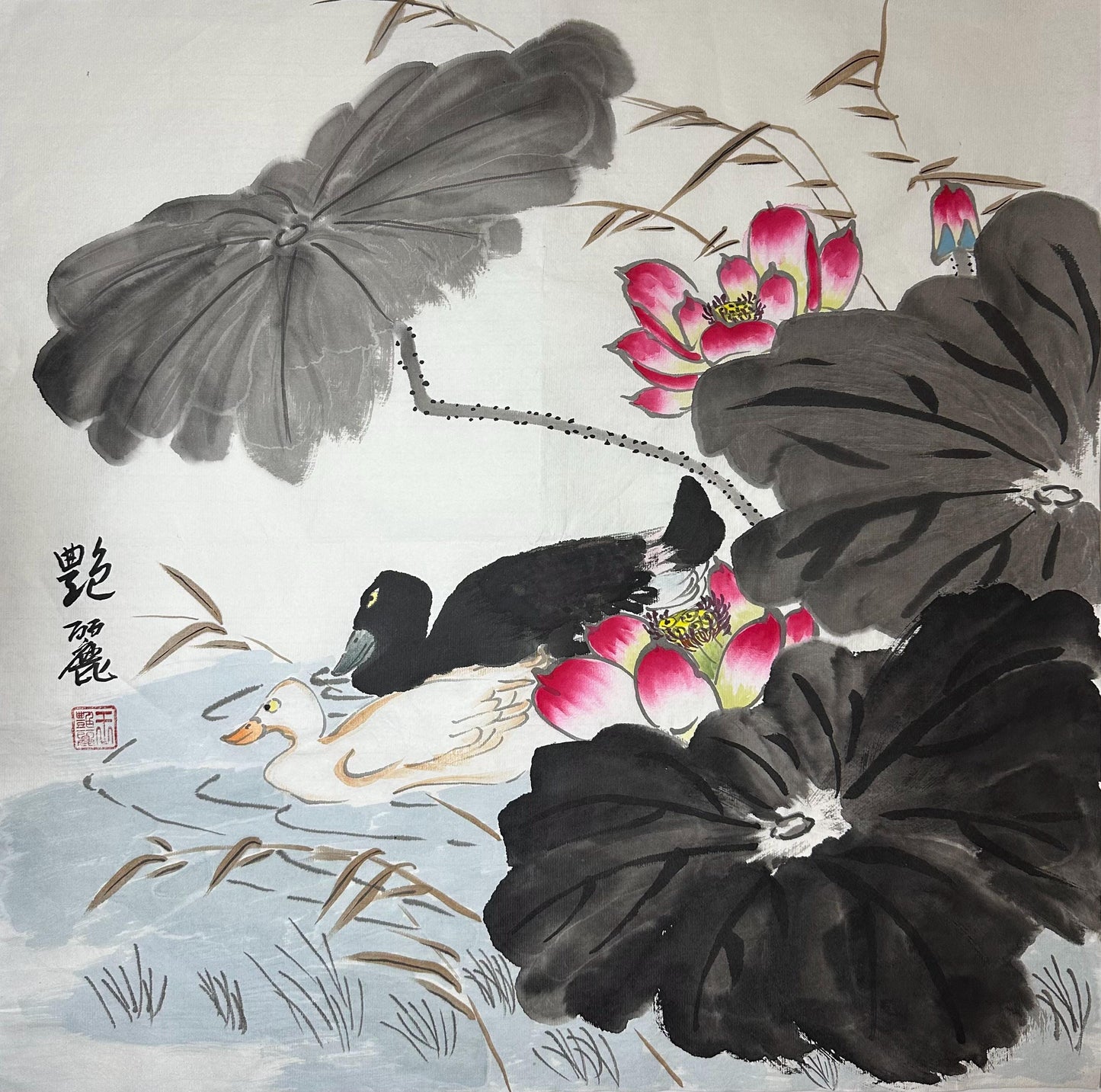 Original Chinese Ink Lotus & Mandarin Ducks Painting | Hand Painted Nature Wall Art | 19.5 x 19.5 Inches | One of a Kind