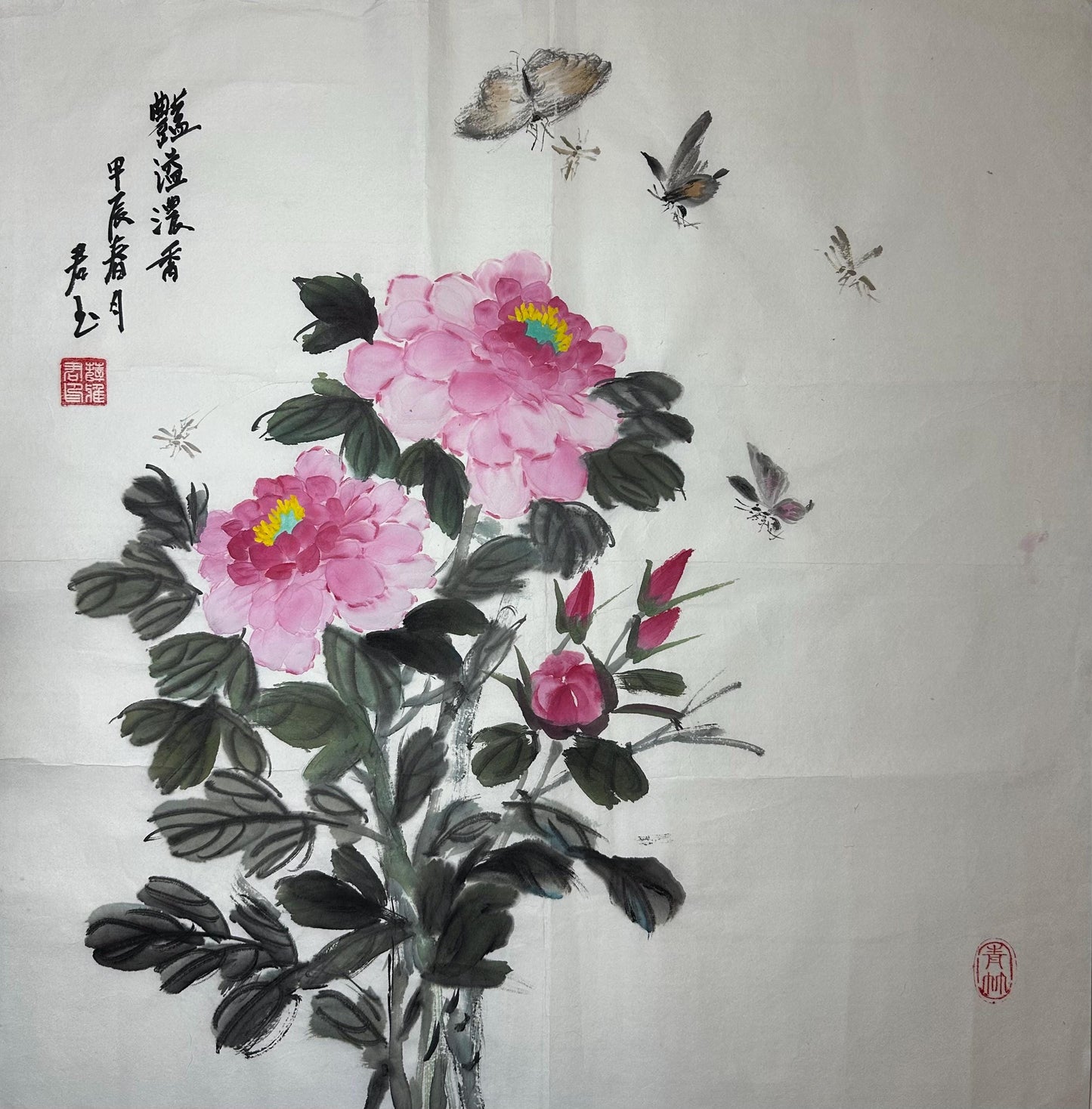 Original Chinese Ink Peony Painting | Butterflies & Blossoms | Hand Painted Floral Wall Art | 19 x 19 Inches | One of a Kind