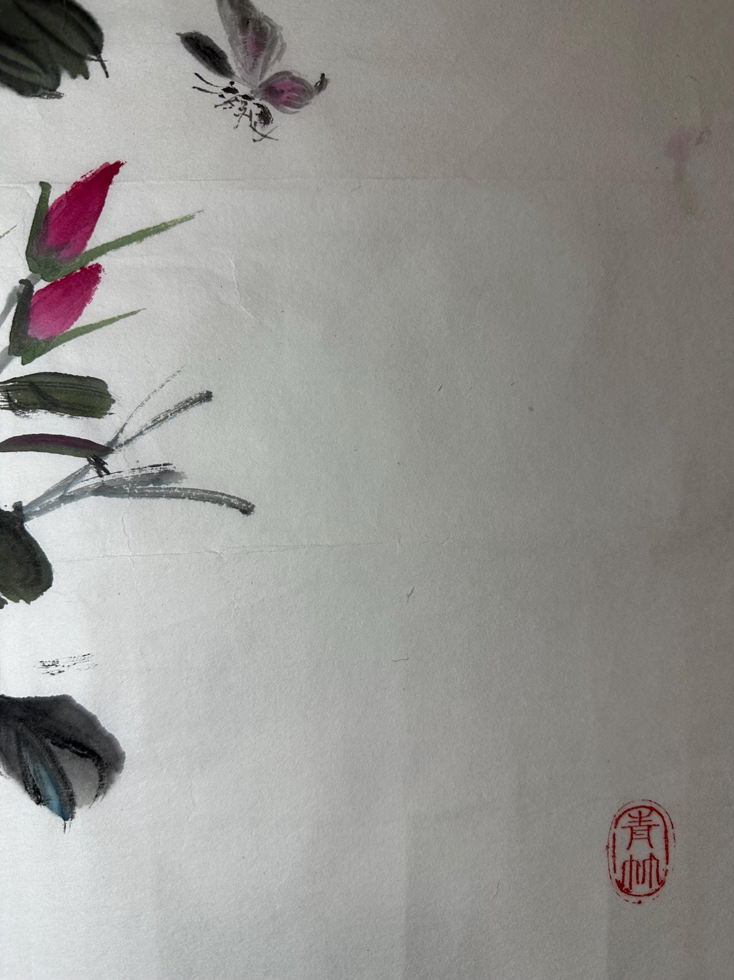 Original Chinese Ink Peony Painting | Butterflies & Blossoms | Hand Painted Floral Wall Art | 19 x 19 Inches | One of a Kind