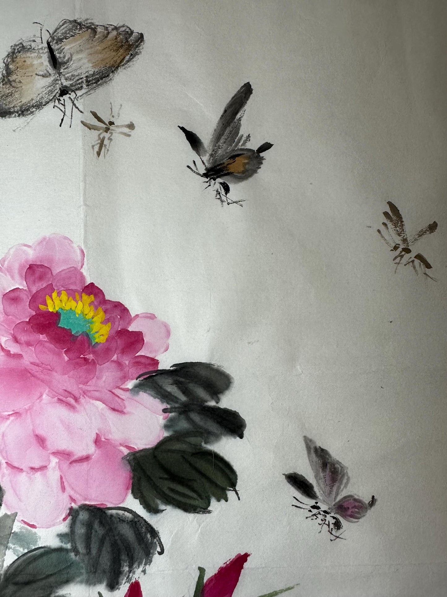 Original Chinese Ink Peony Painting | Butterflies & Blossoms | Hand Painted Floral Wall Art | 19 x 19 Inches | One of a Kind