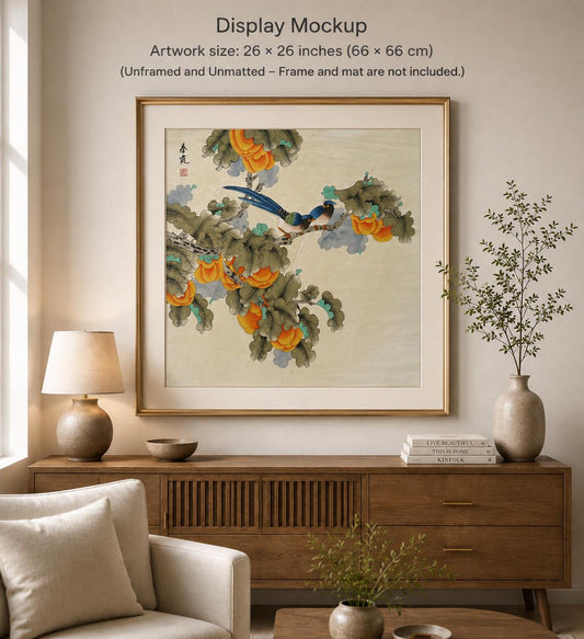 Original Chinese Gongbi Painting | Birds & Fruit | Traditional Flower and Bird Art | Hand Painted Wall Art | 26 x 26 Inches