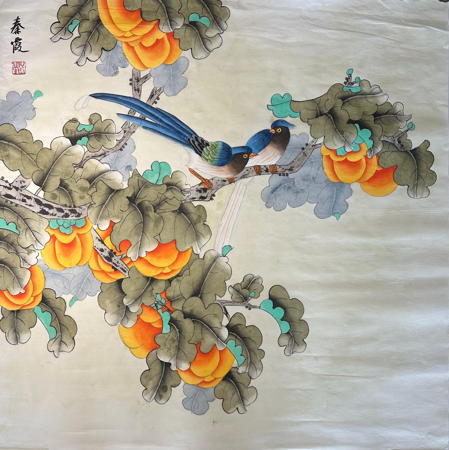 Original Chinese Gongbi Painting | Birds & Fruit | Traditional Flower and Bird Art | Hand Painted Wall Art | 26 x 26 Inches