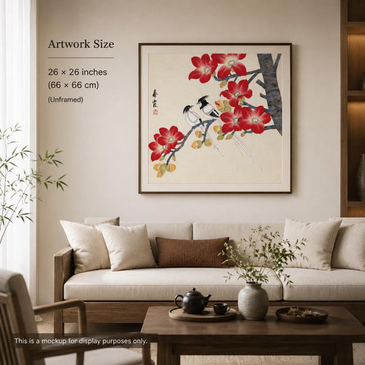 Original Chinese Gongbi Painting | Birds & Red Flowers | Traditional Hand Painted Wall Art | 26 Inch