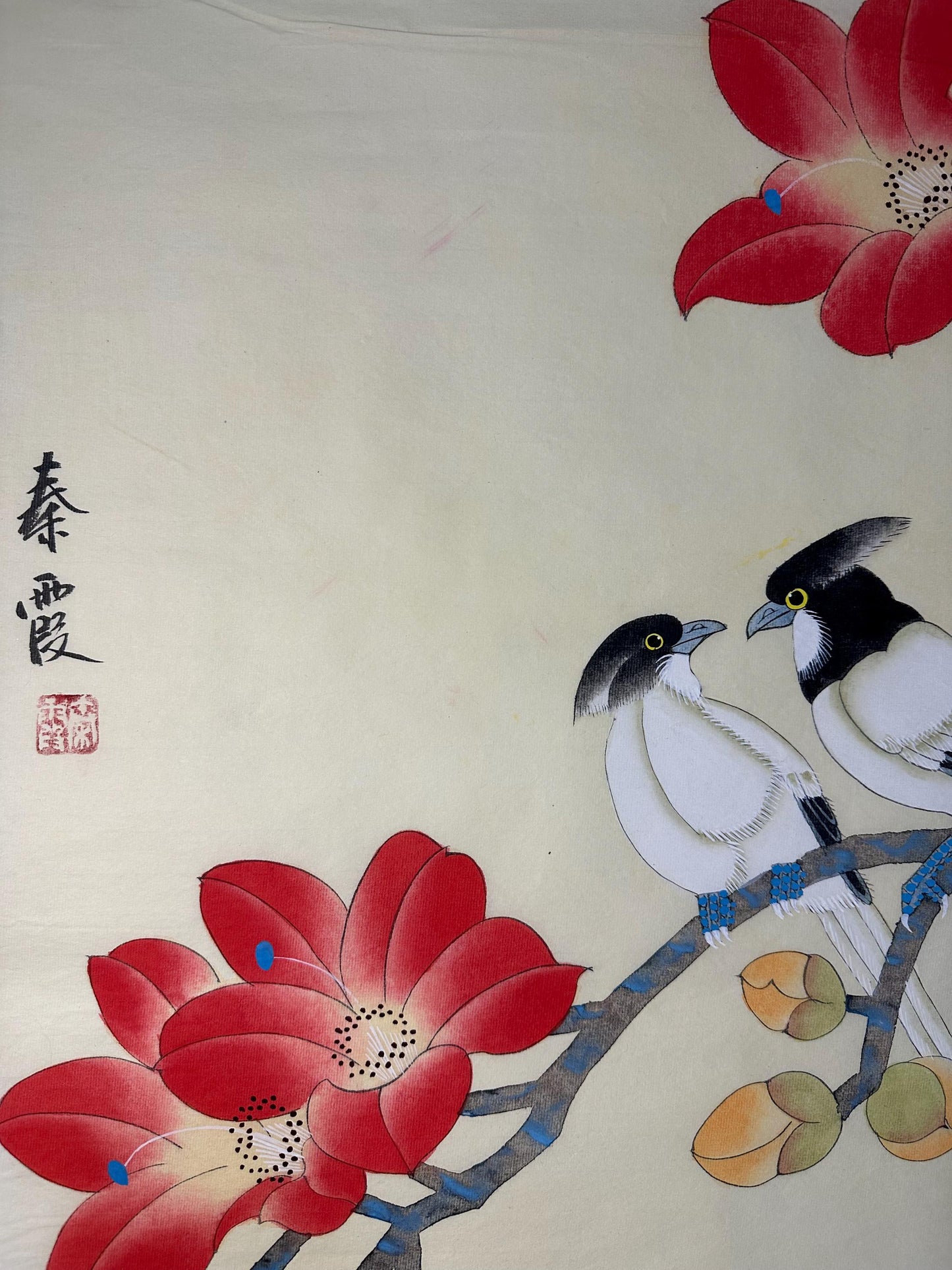 Original Chinese Gongbi Painting | Birds & Red Flowers | Traditional Hand Painted Wall Art | 26 Inch