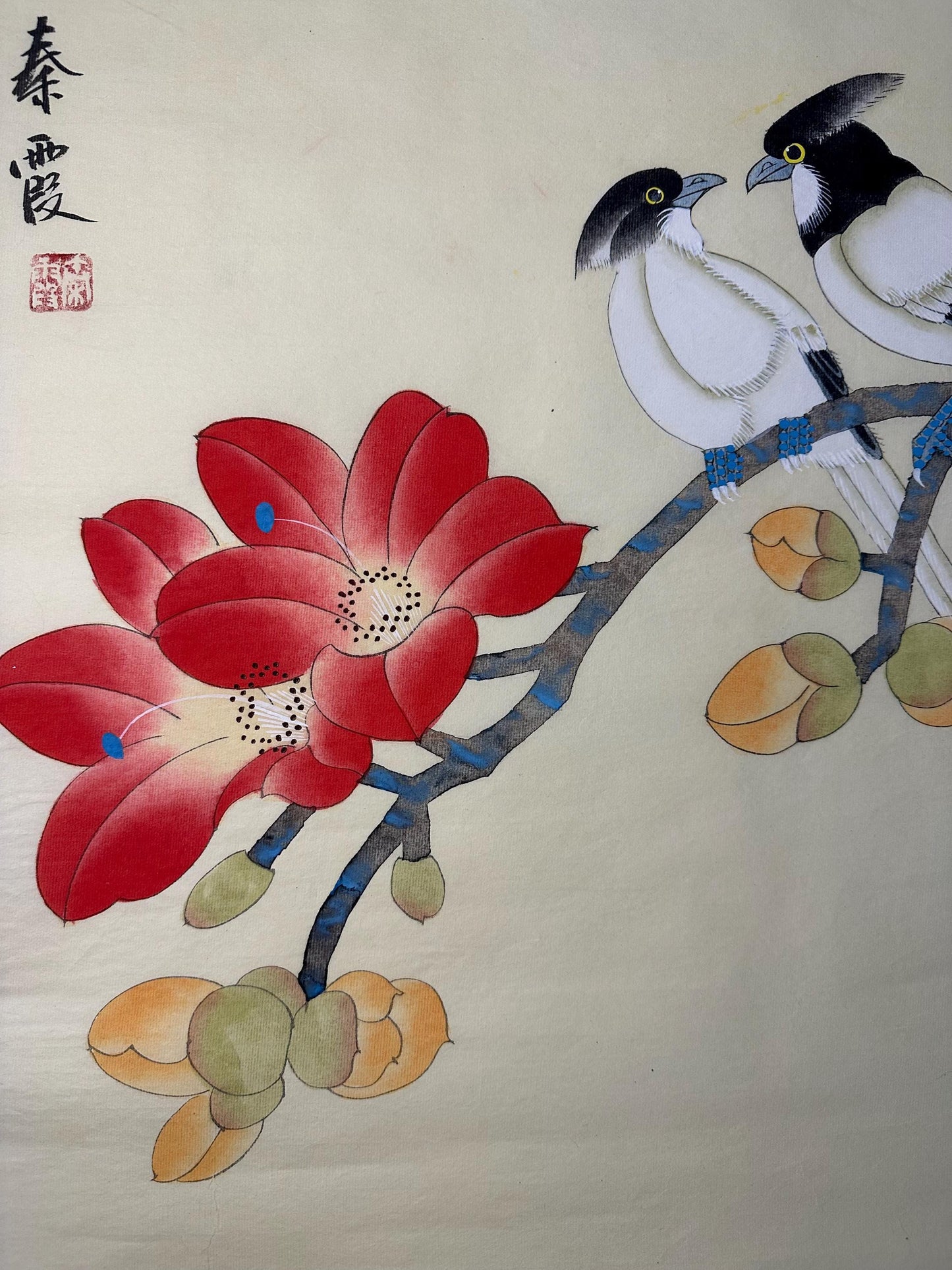 Original Chinese Gongbi Painting | Birds & Red Flowers | Traditional Hand Painted Wall Art | 26 Inch