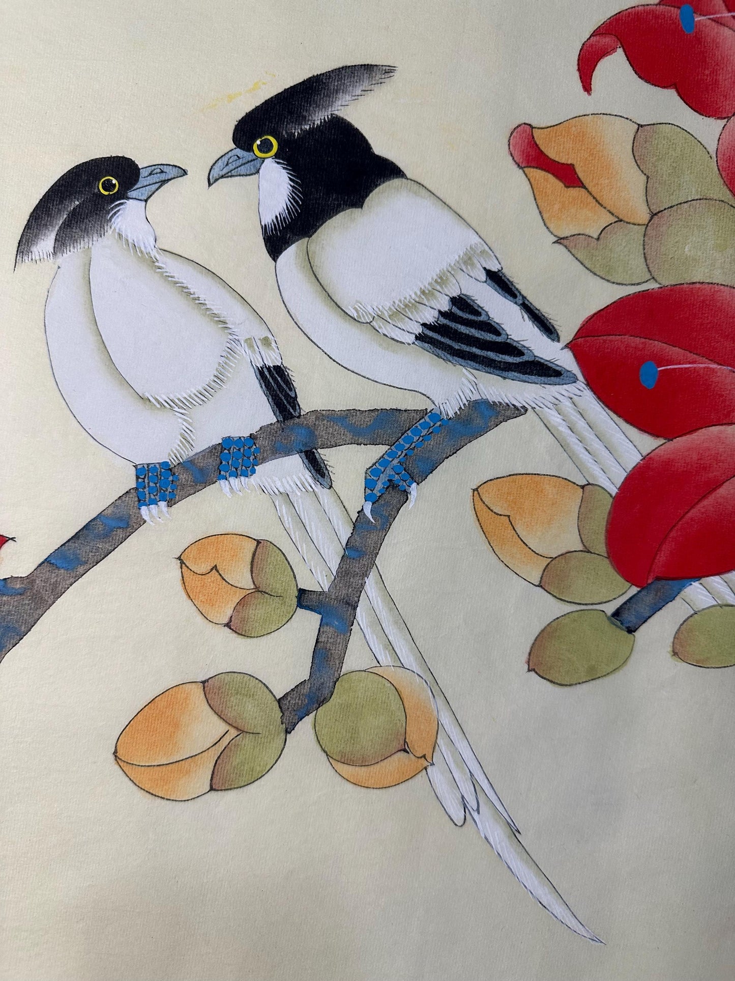 Original Chinese Gongbi Painting | Birds & Red Flowers | Traditional Hand Painted Wall Art | 26 Inch