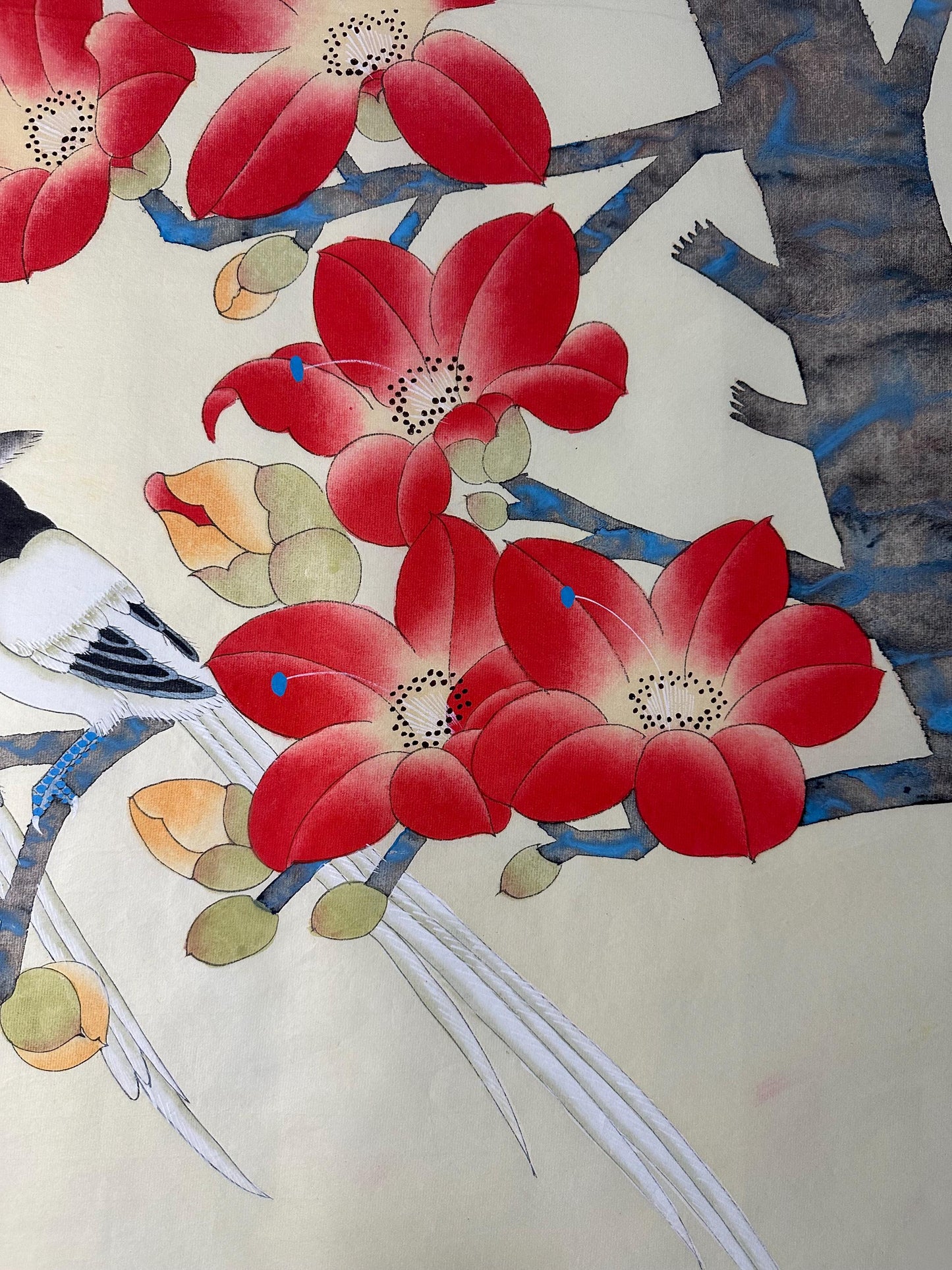 Original Chinese Gongbi Painting | Birds & Red Flowers | Traditional Hand Painted Wall Art | 26 Inch