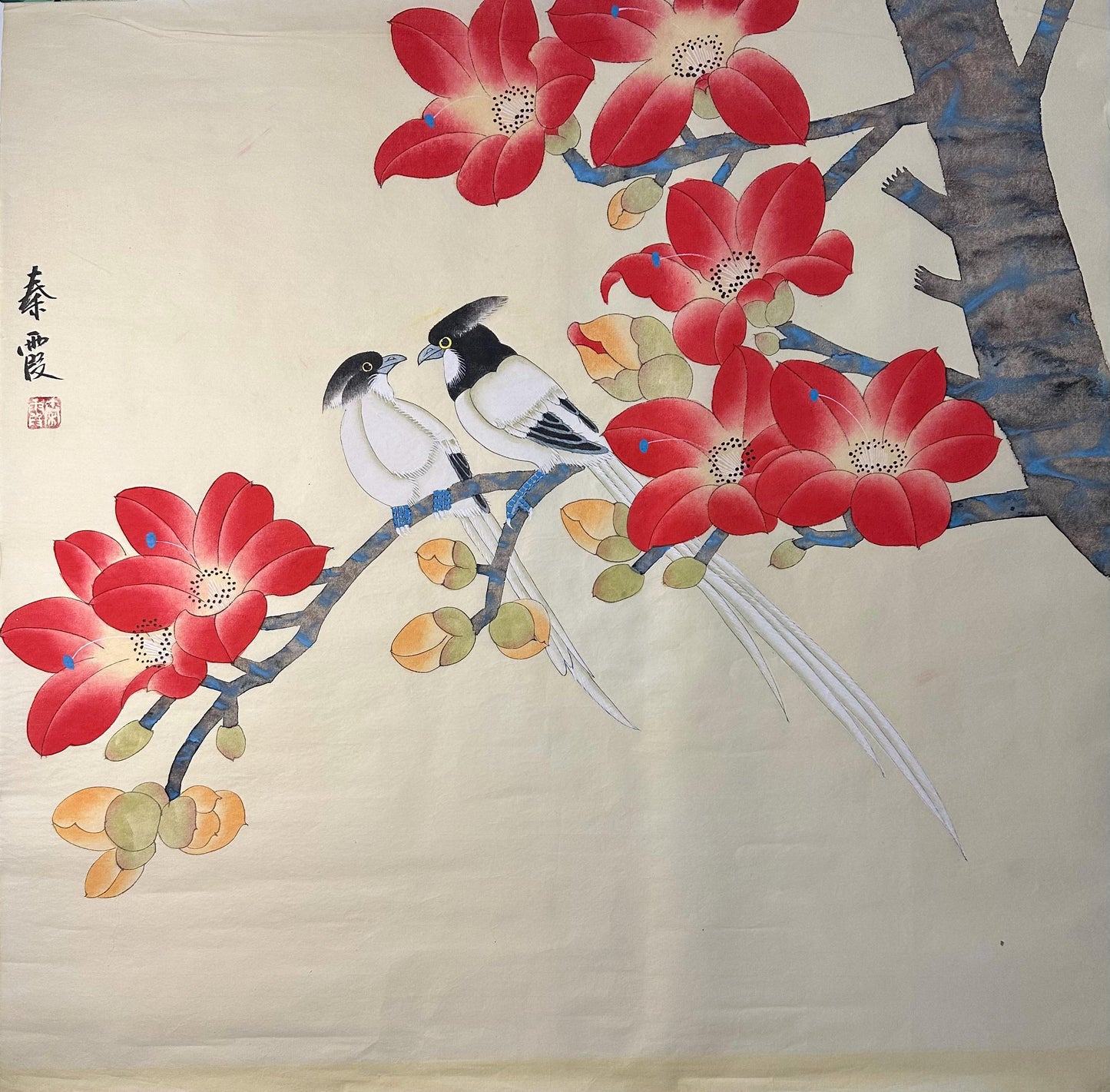 Original Chinese Gongbi Painting | Birds & Red Flowers | Traditional Hand Painted Wall Art | 26 Inch
