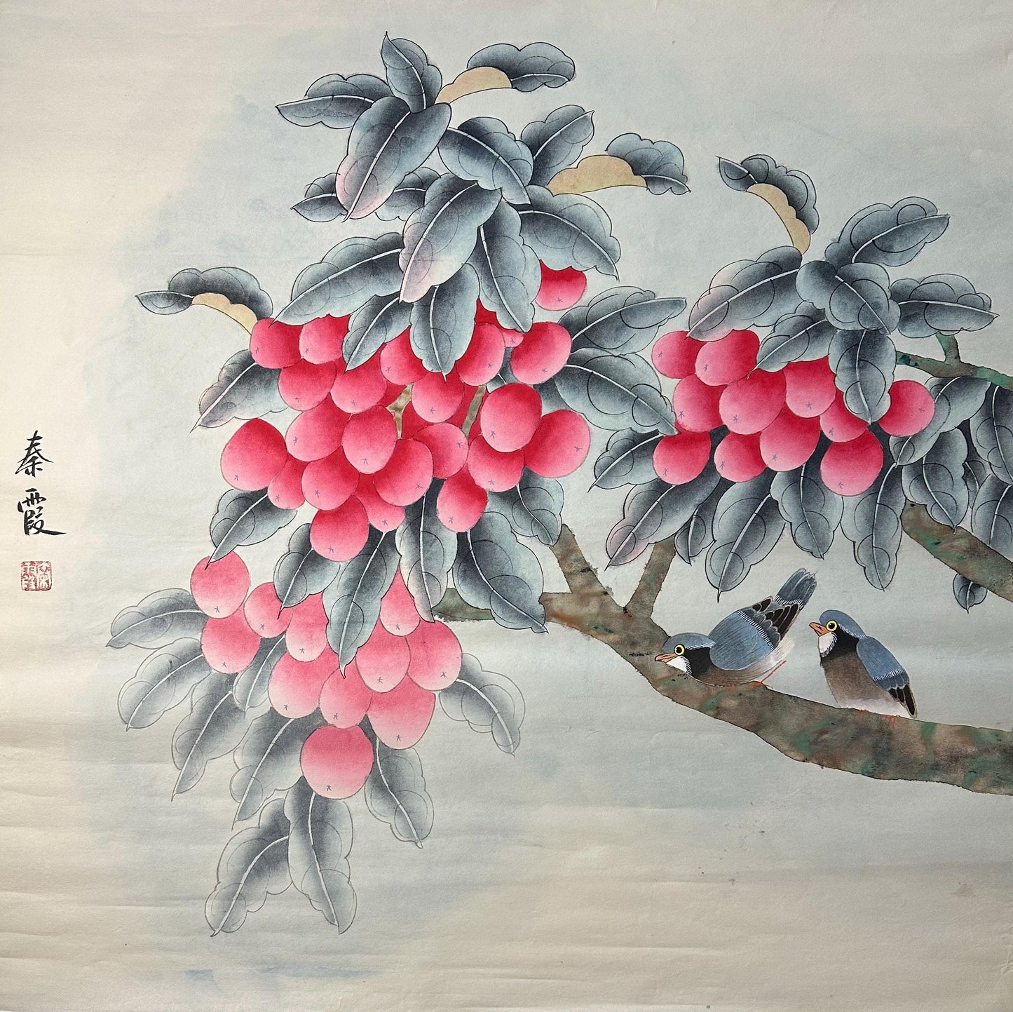 Original Chinese Gongbi Painting | Birds & Red Fruits | Traditional Hand Painted Wall Art | 26 Inch