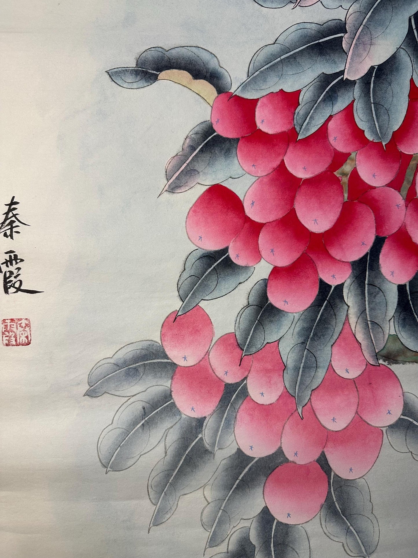 Original Chinese Gongbi Painting | Birds & Red Fruits | Traditional Hand Painted Wall Art | 26 Inch