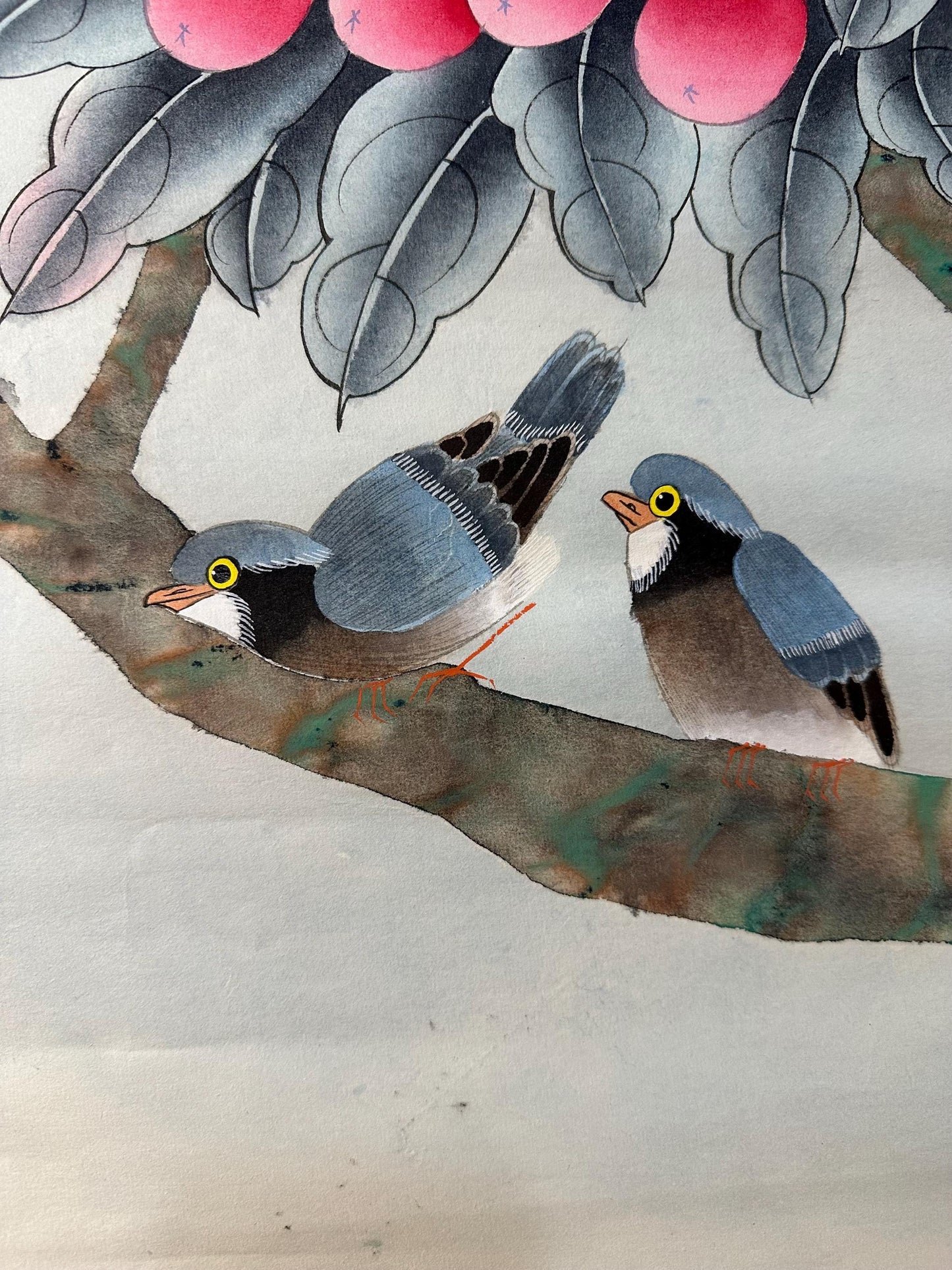 Original Chinese Gongbi Painting | Birds & Red Fruits | Traditional Hand Painted Wall Art | 26 Inch