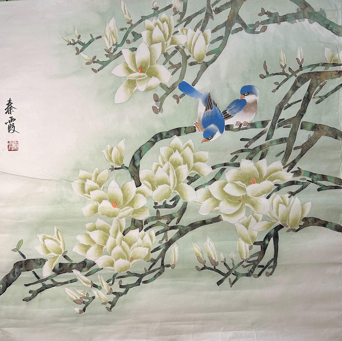 Original Chinese Gongbi Painting | Magnolia & Birds | Hand Painted Asian Wall Art | 26 Inches