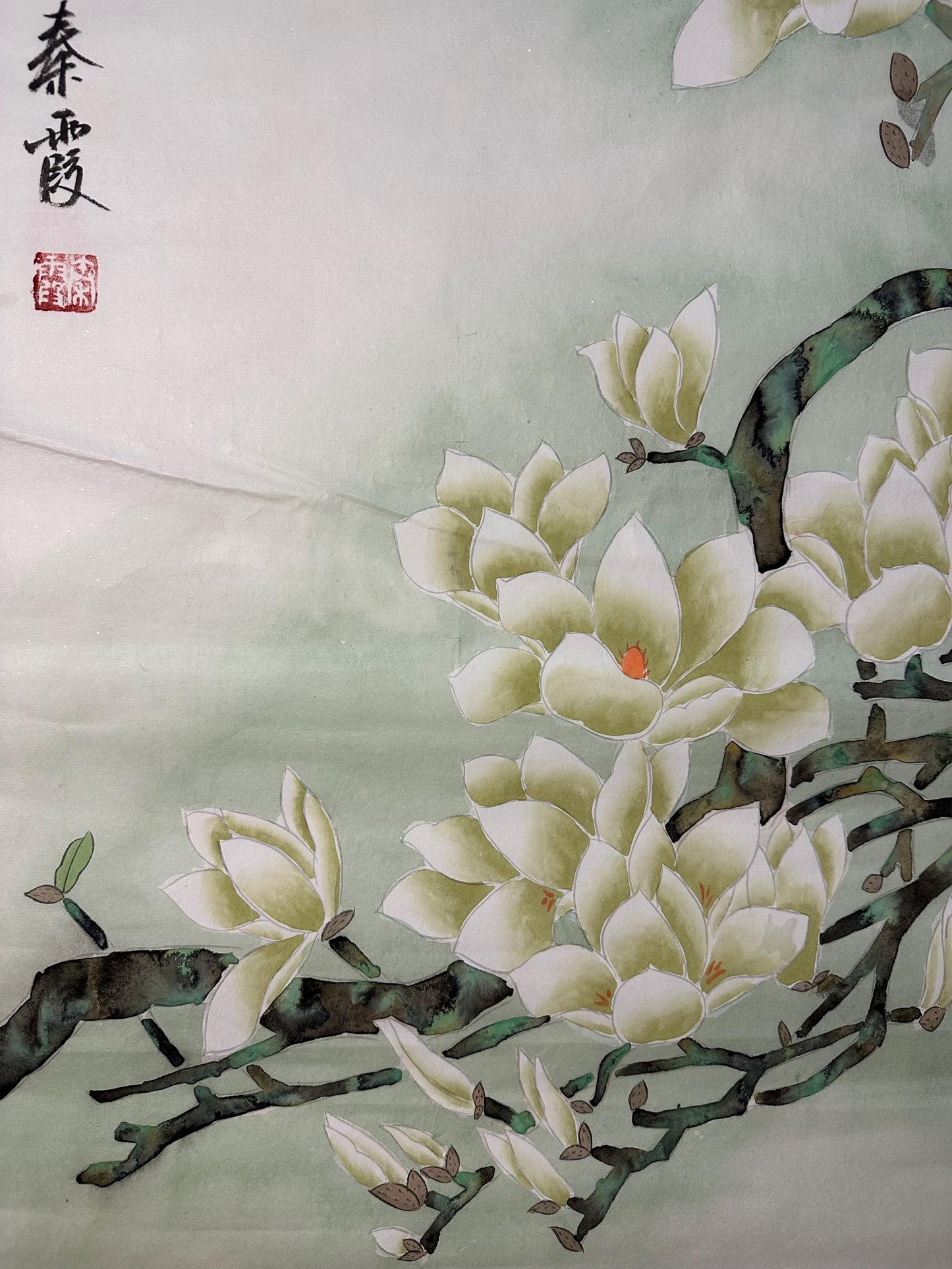 Original Chinese Gongbi Painting | Magnolia & Birds | Hand Painted Asian Wall Art | 26 Inches