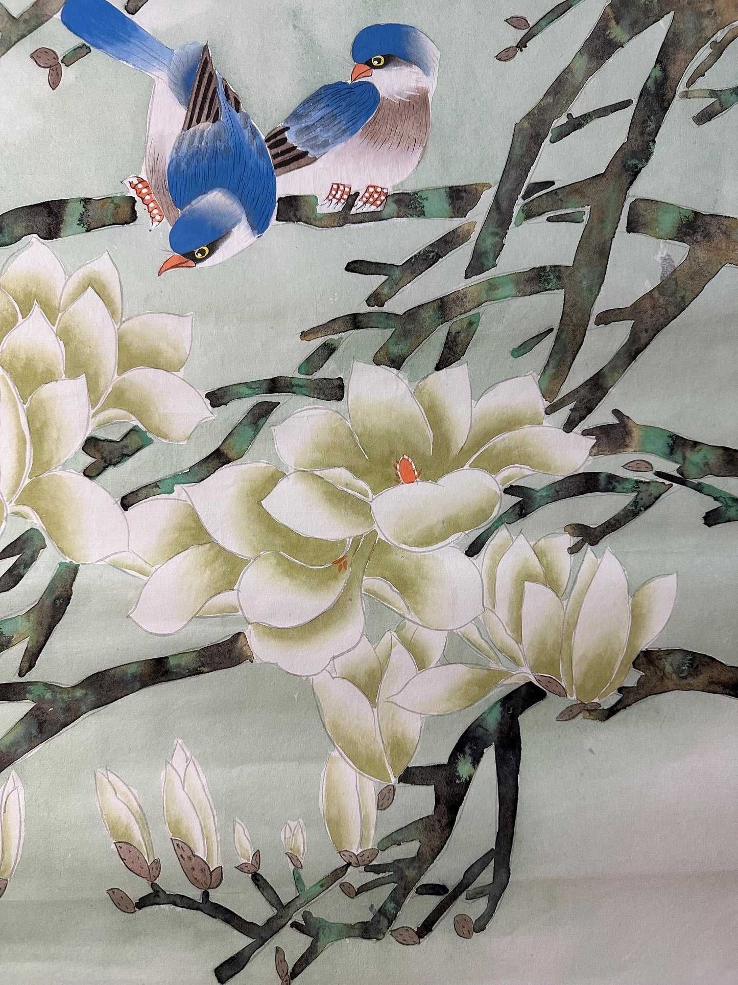 Original Chinese Gongbi Painting | Magnolia & Birds | Hand Painted Asian Wall Art | 26 Inches