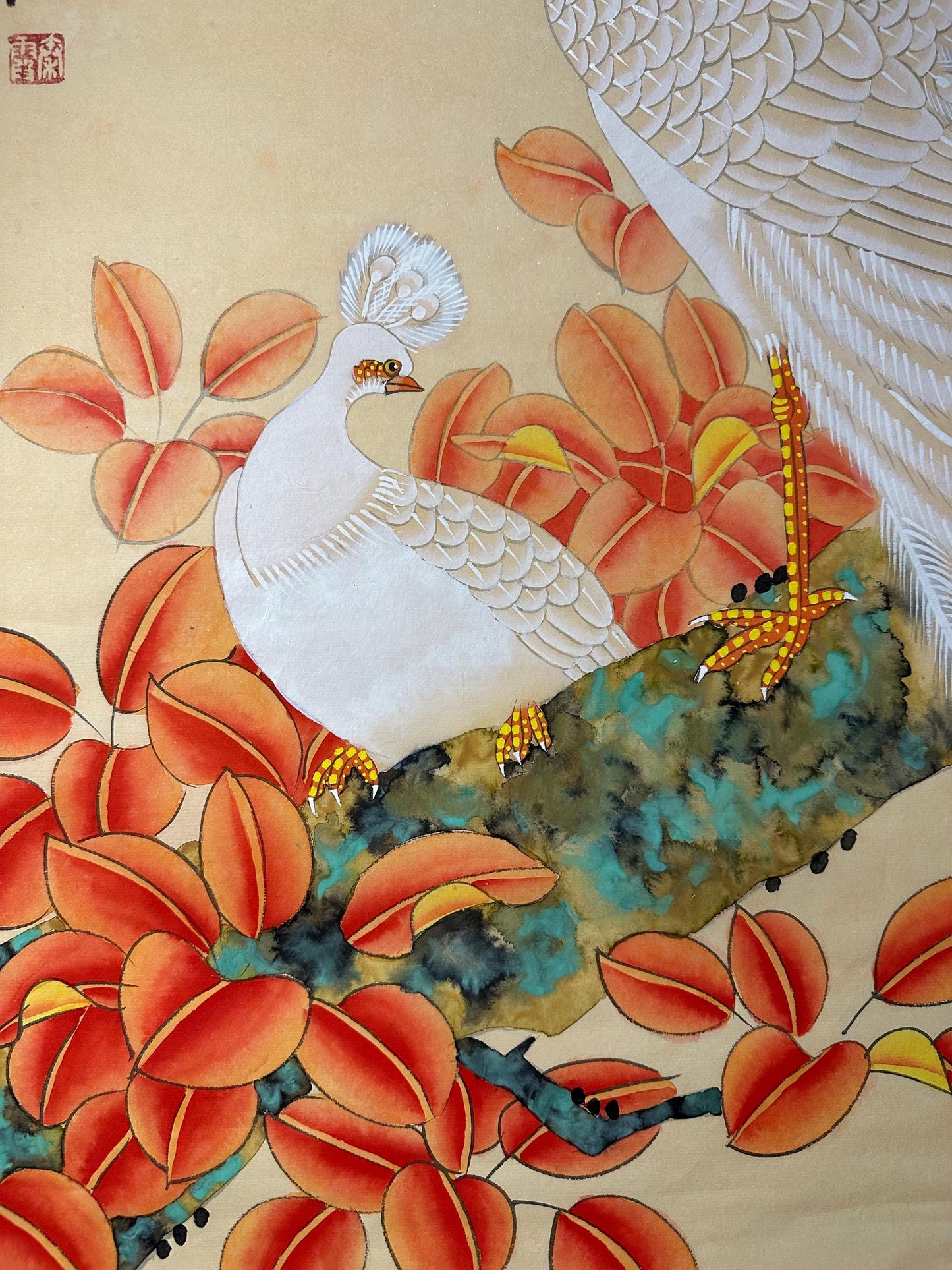 Original Chinese Gongbi Painting | White Peacocks & Autumn Leaves | Hand Painted Asian Wall Art | 26 Inches