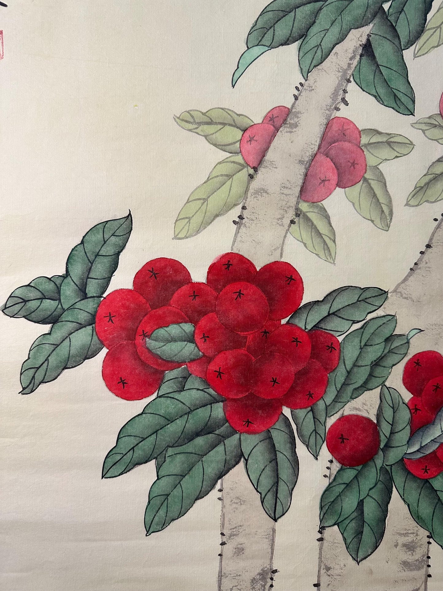 Original Chinese Gongbi Painting | White Parrots & Red Berries | Hand Painted Asian Wall Art | 26 Inches