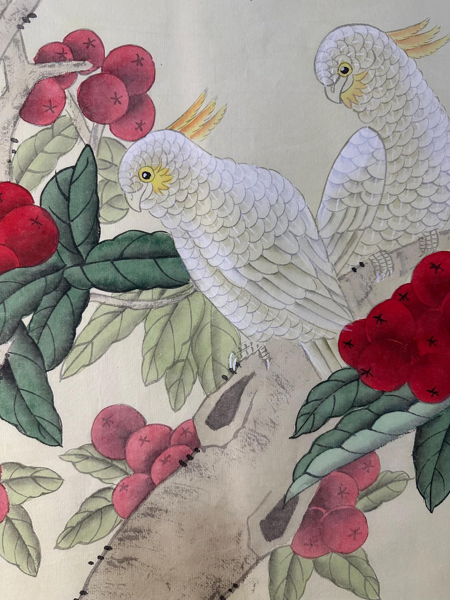 Original Chinese Gongbi Painting | White Parrots & Red Berries | Hand Painted Asian Wall Art | 26 Inches
