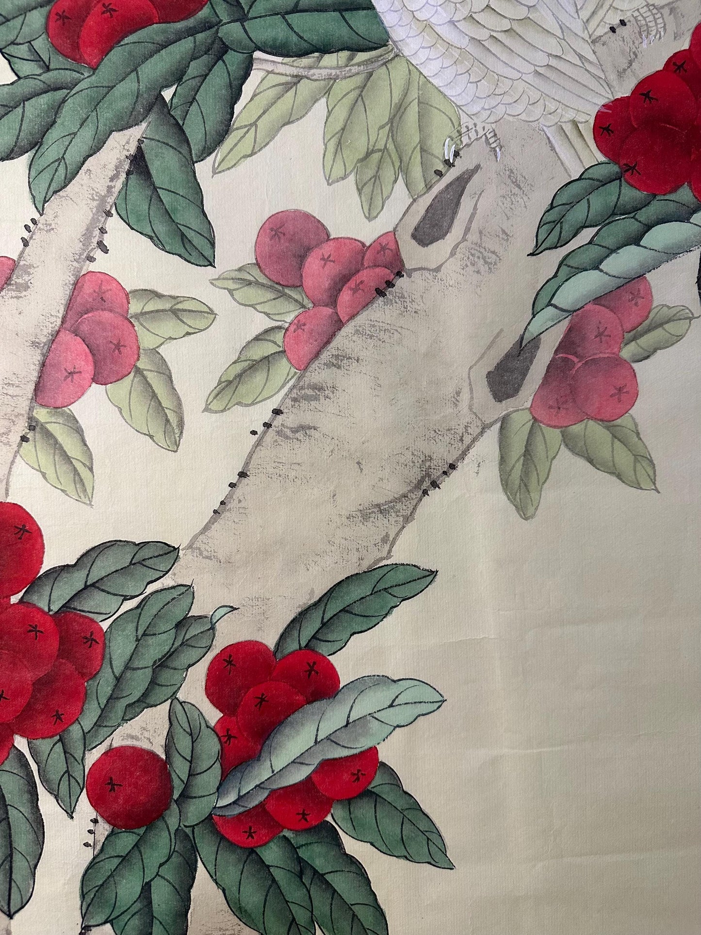 Original Chinese Gongbi Painting | White Parrots & Red Berries | Hand Painted Asian Wall Art | 26 Inches