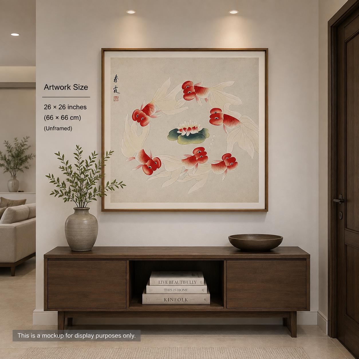 Original Chinese Gongbi Painting, Six Goldfish & Lotus, Hand Painted Asian Wall Art, 26 Inches