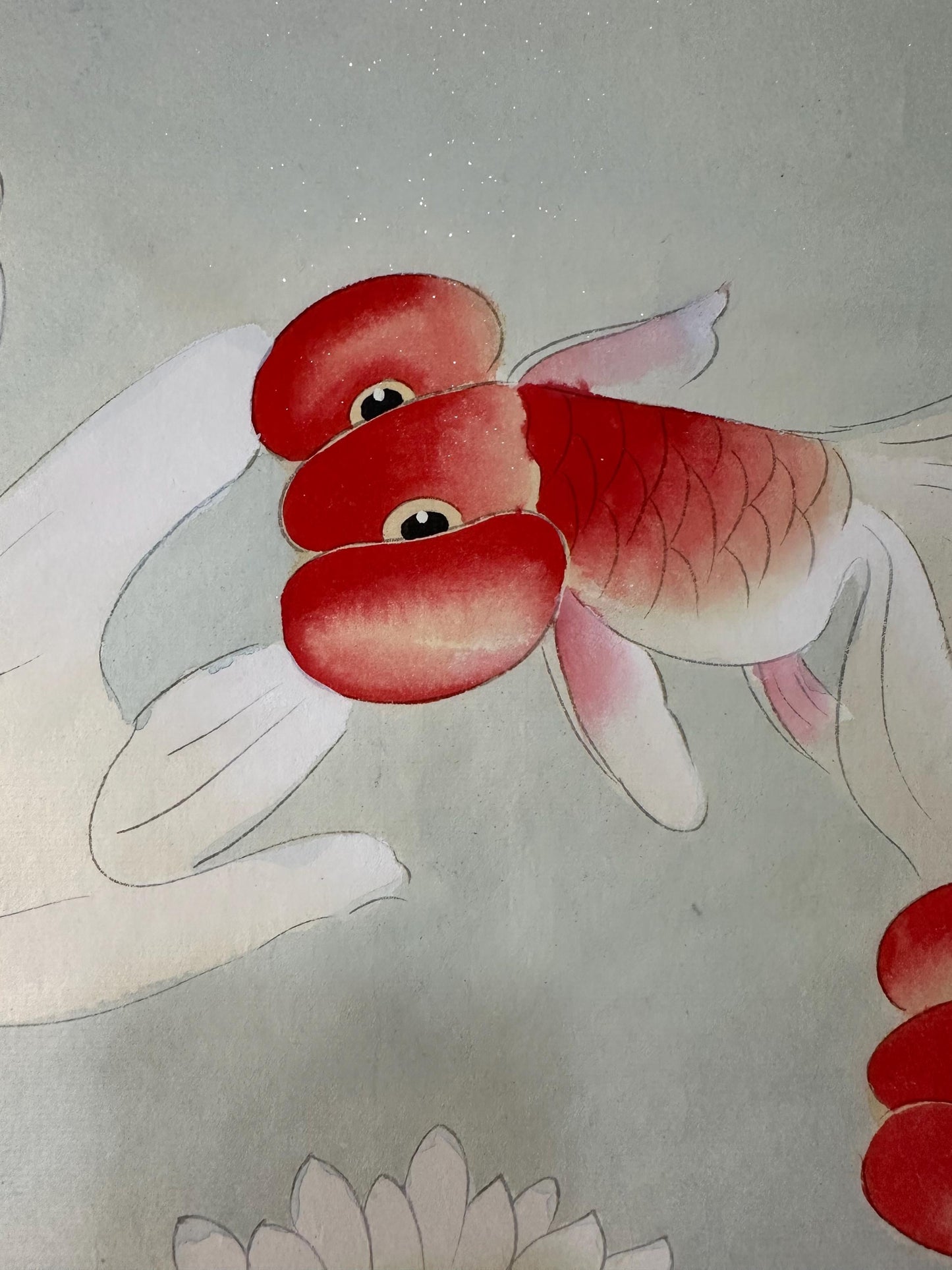 Original Chinese Gongbi Painting, Six Goldfish & Lotus, Hand Painted Asian Wall Art, 26 Inches