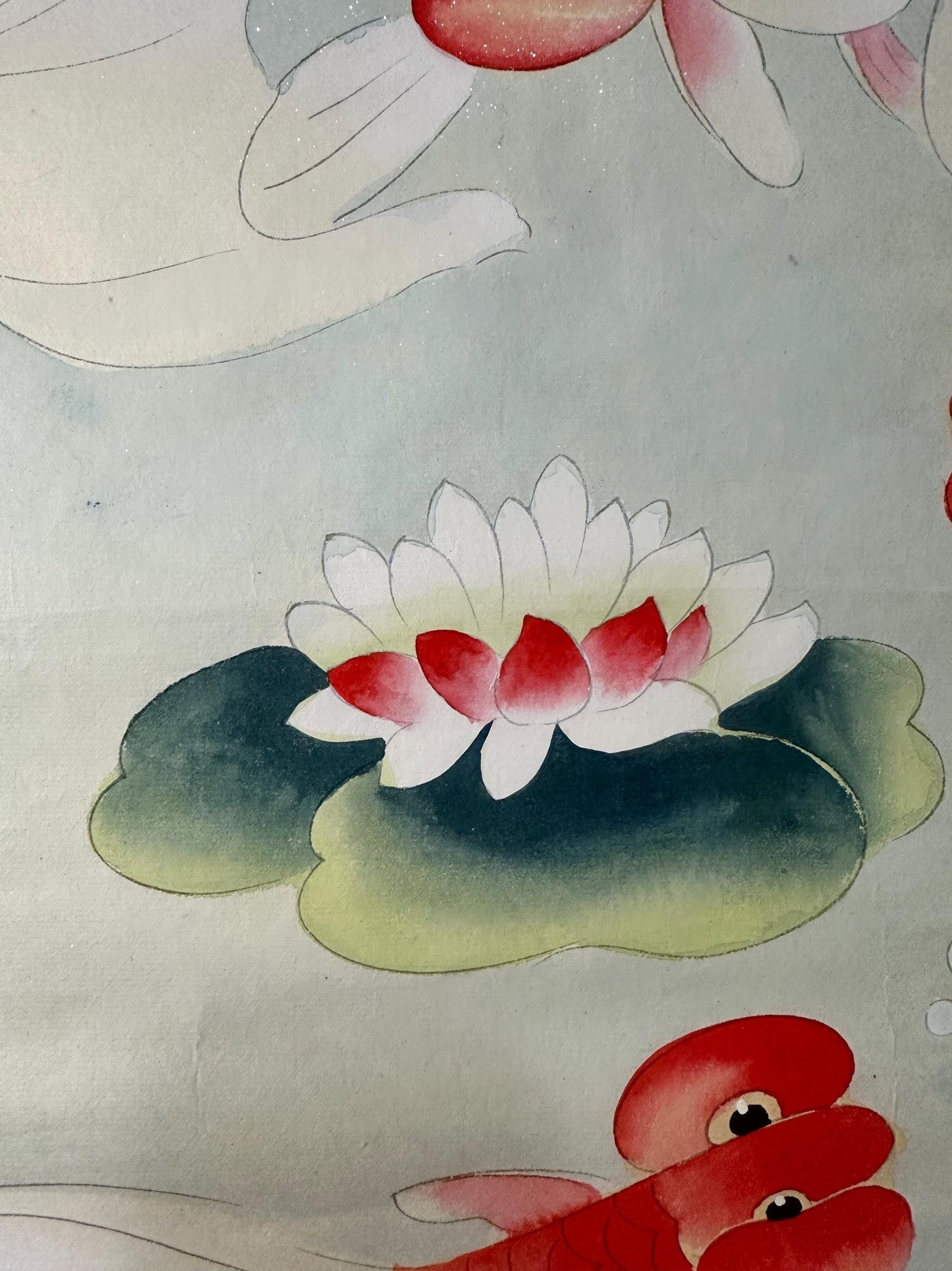 Original Chinese Gongbi Painting, Six Goldfish & Lotus, Hand Painted Asian Wall Art, 26 Inches