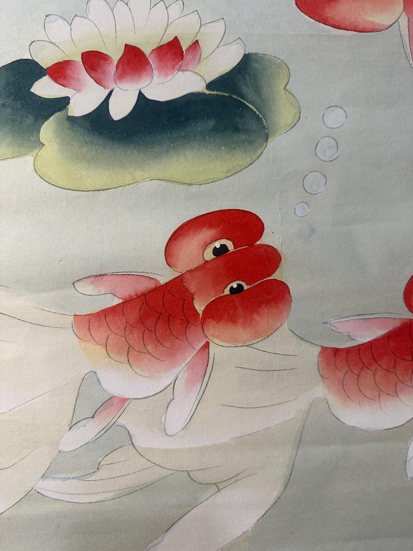 Original Chinese Gongbi Painting, Six Goldfish & Lotus, Hand Painted Asian Wall Art, 26 Inches