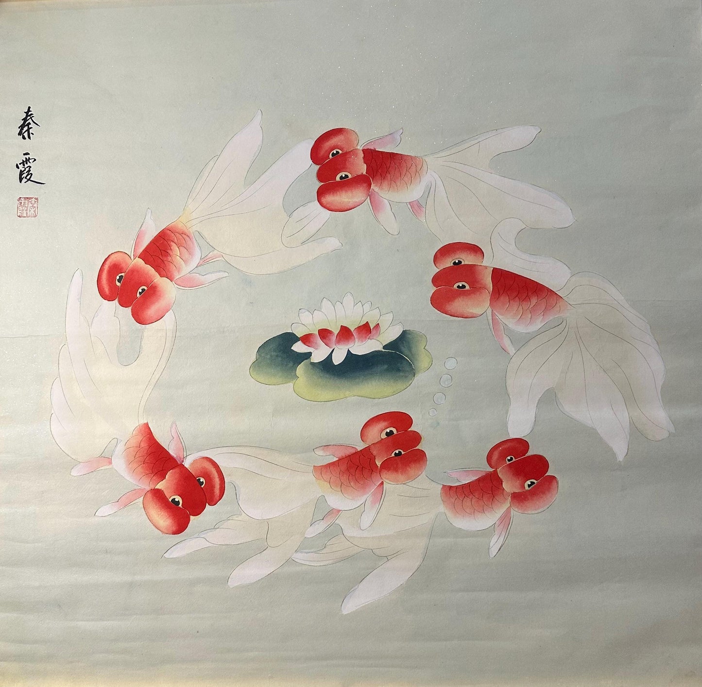 Original Chinese Gongbi Painting, Six Goldfish & Lotus, Hand Painted Asian Wall Art, 26 Inches