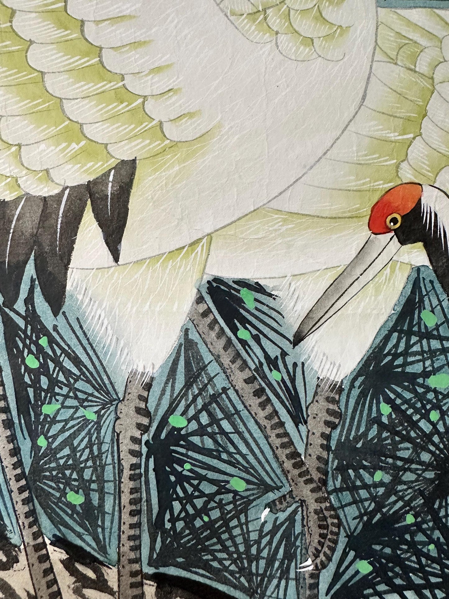 Original Chinese Gongbi Painting, Two Cranes & Pine Tree, Hand Painted Asian Wall Art, 25 Inches