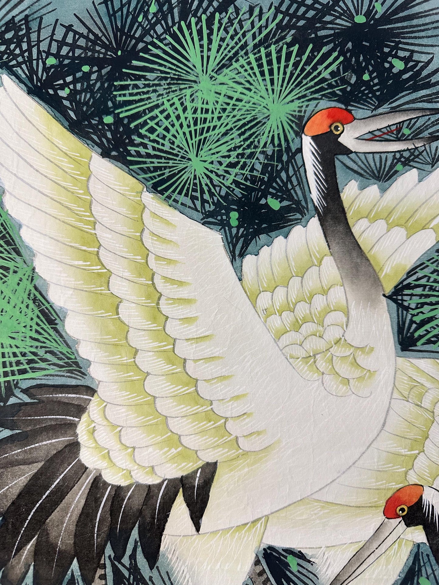 Original Chinese Gongbi Painting, Two Cranes & Pine Tree, Hand Painted Asian Wall Art, 25 Inches