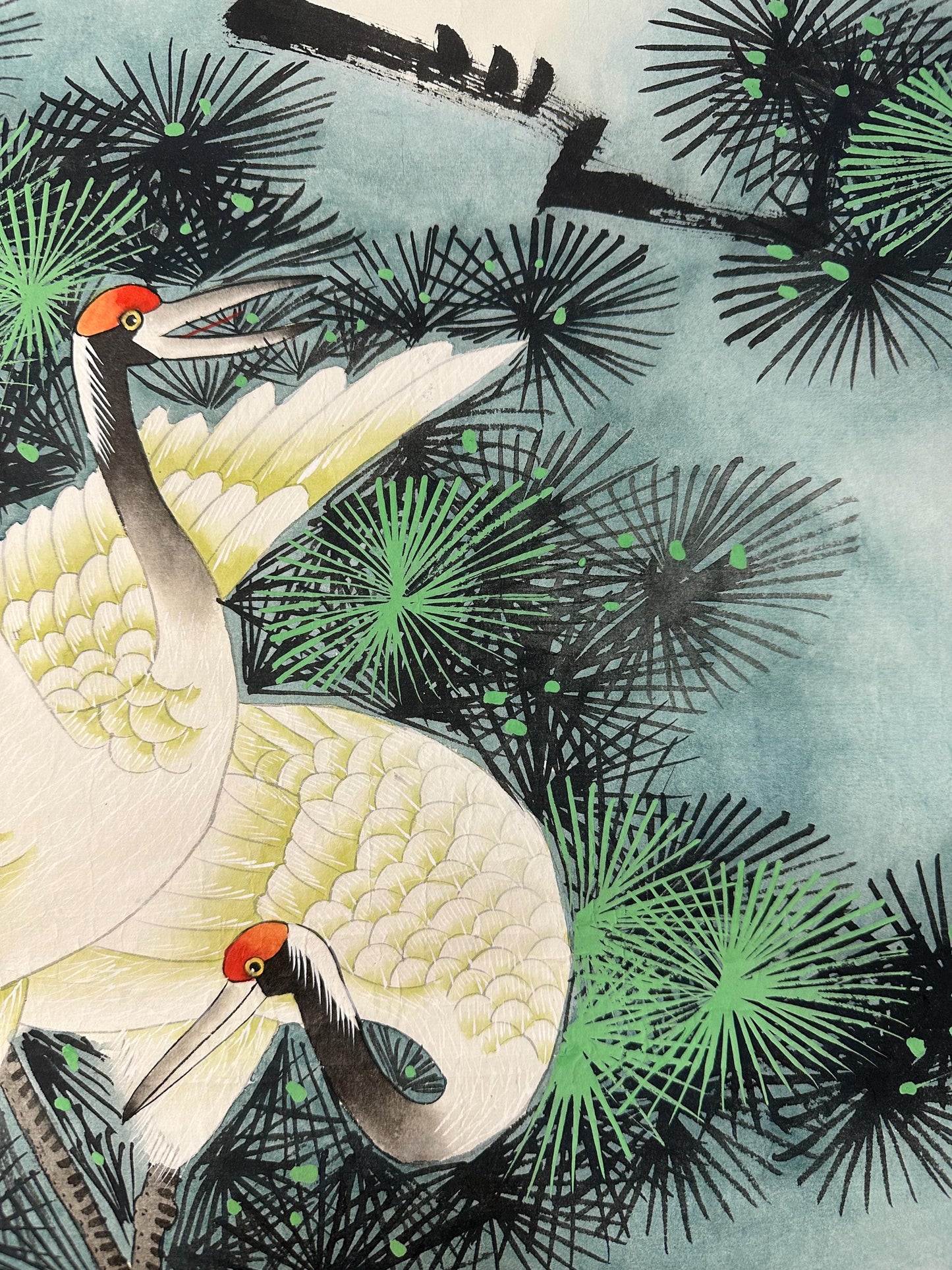 Original Chinese Gongbi Painting, Two Cranes & Pine Tree, Hand Painted Asian Wall Art, 25 Inches