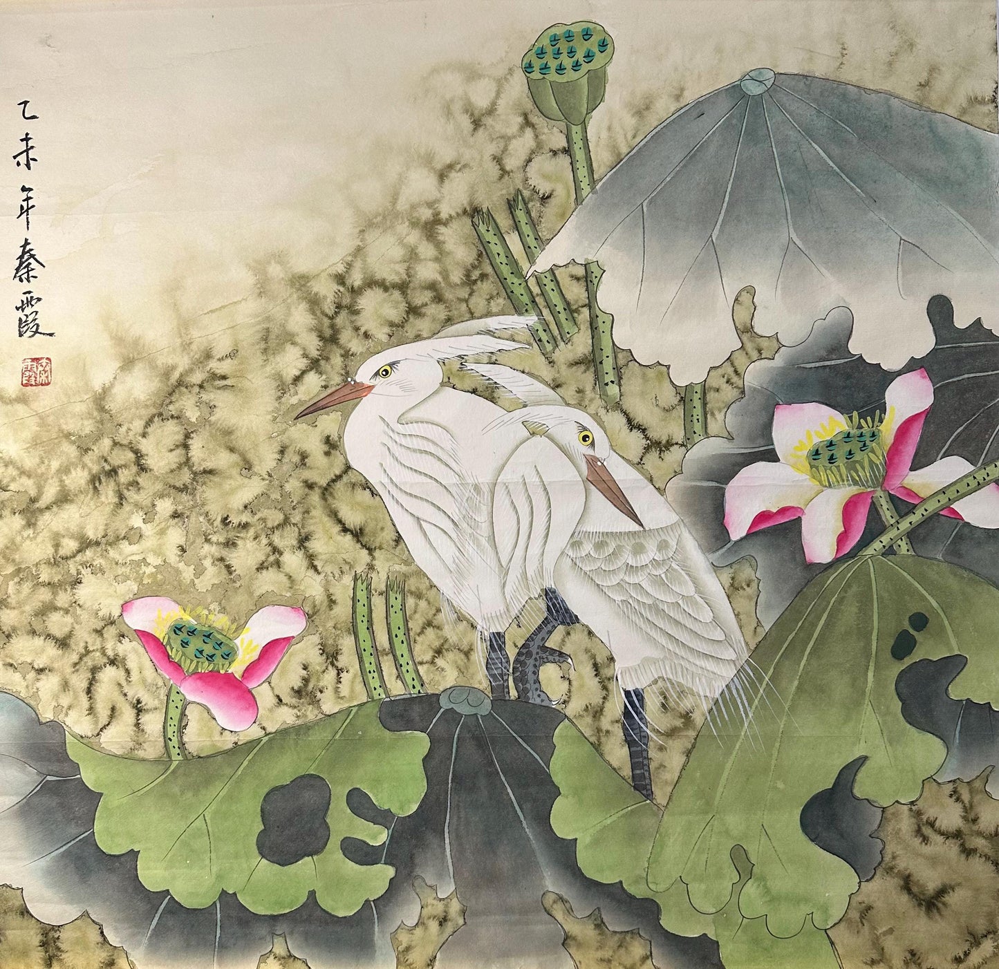 Original Chinese Gongbi Painting, Egrets and Lotus, Hand Painted Asian Wall Art, 26 Inches
