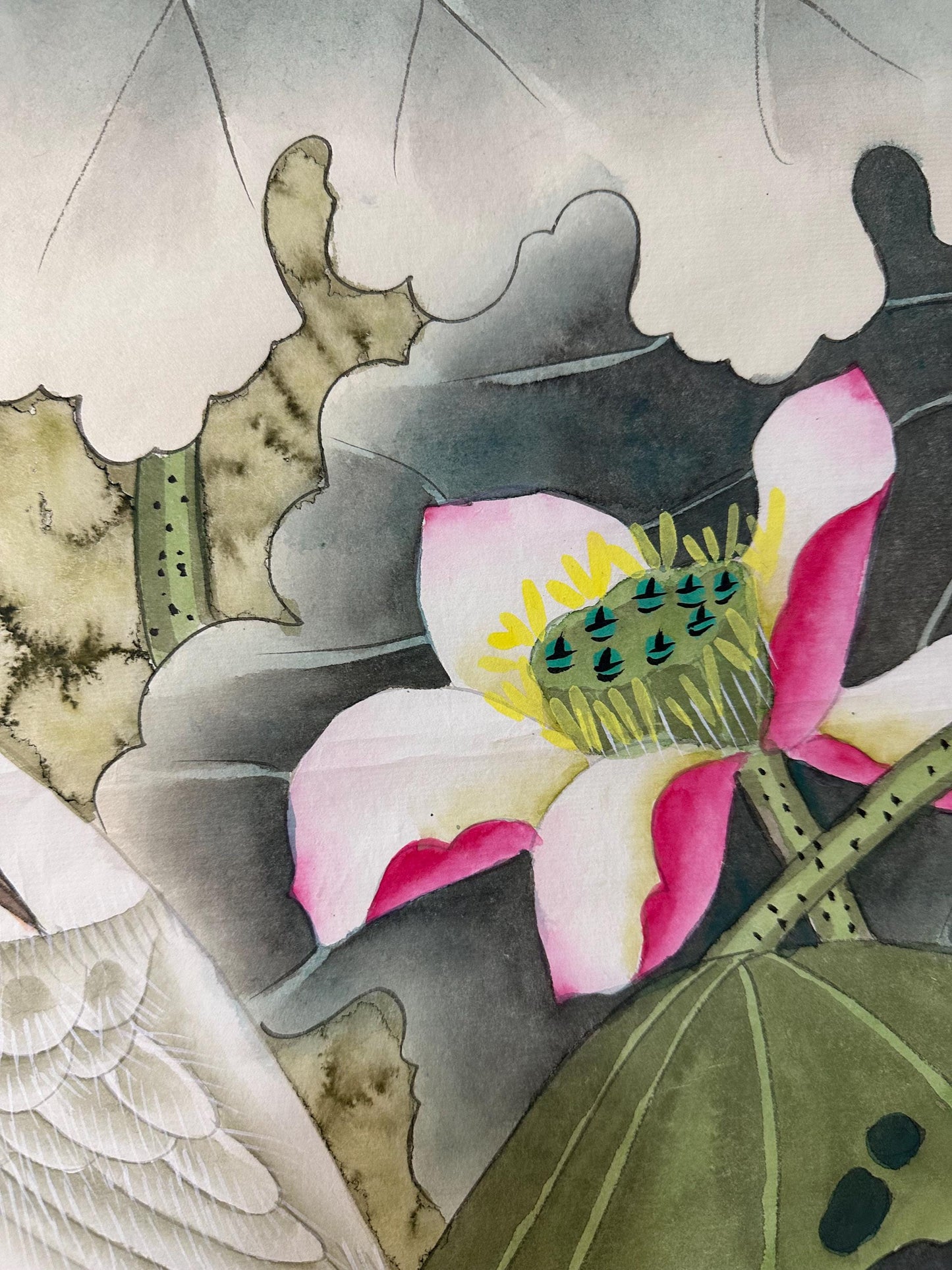 Original Chinese Gongbi Painting, Egrets and Lotus, Hand Painted Asian Wall Art, 26 Inches