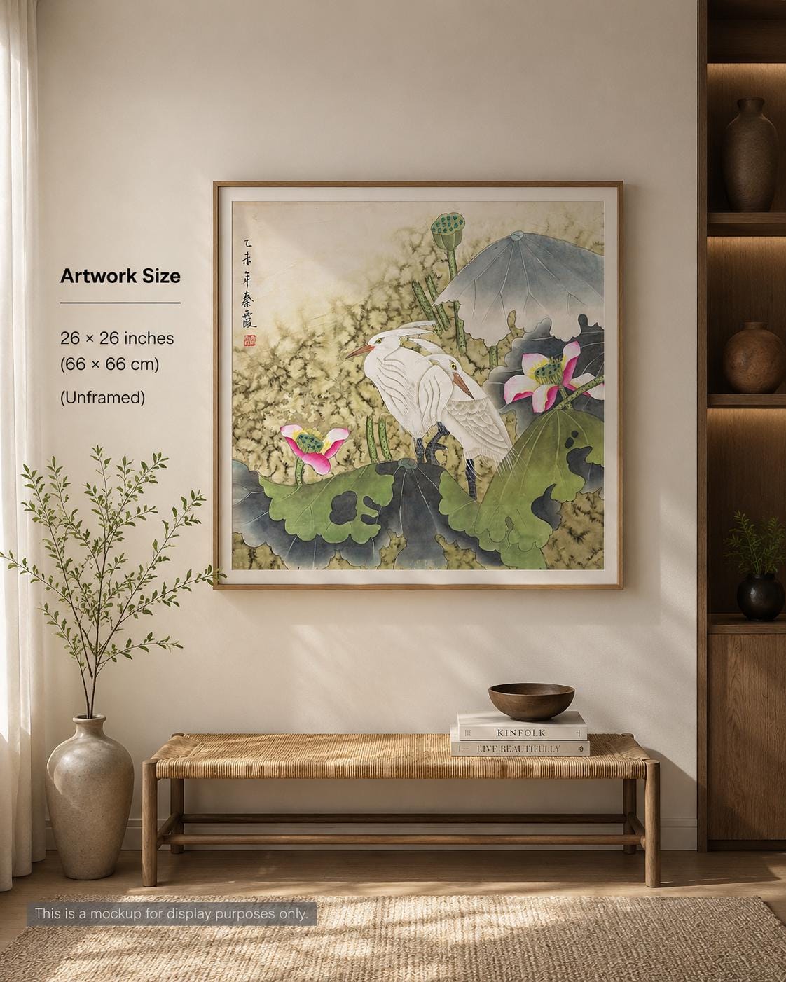 Original Chinese Gongbi Painting, Egrets and Lotus, Hand Painted Asian Wall Art, 26 Inches