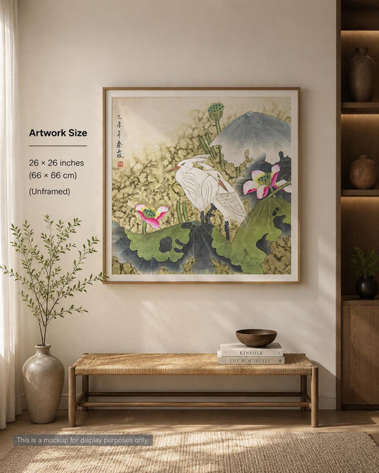 Original Chinese Gongbi Painting, Egrets and Lotus, Hand Painted Asian Wall Art, 26 Inches