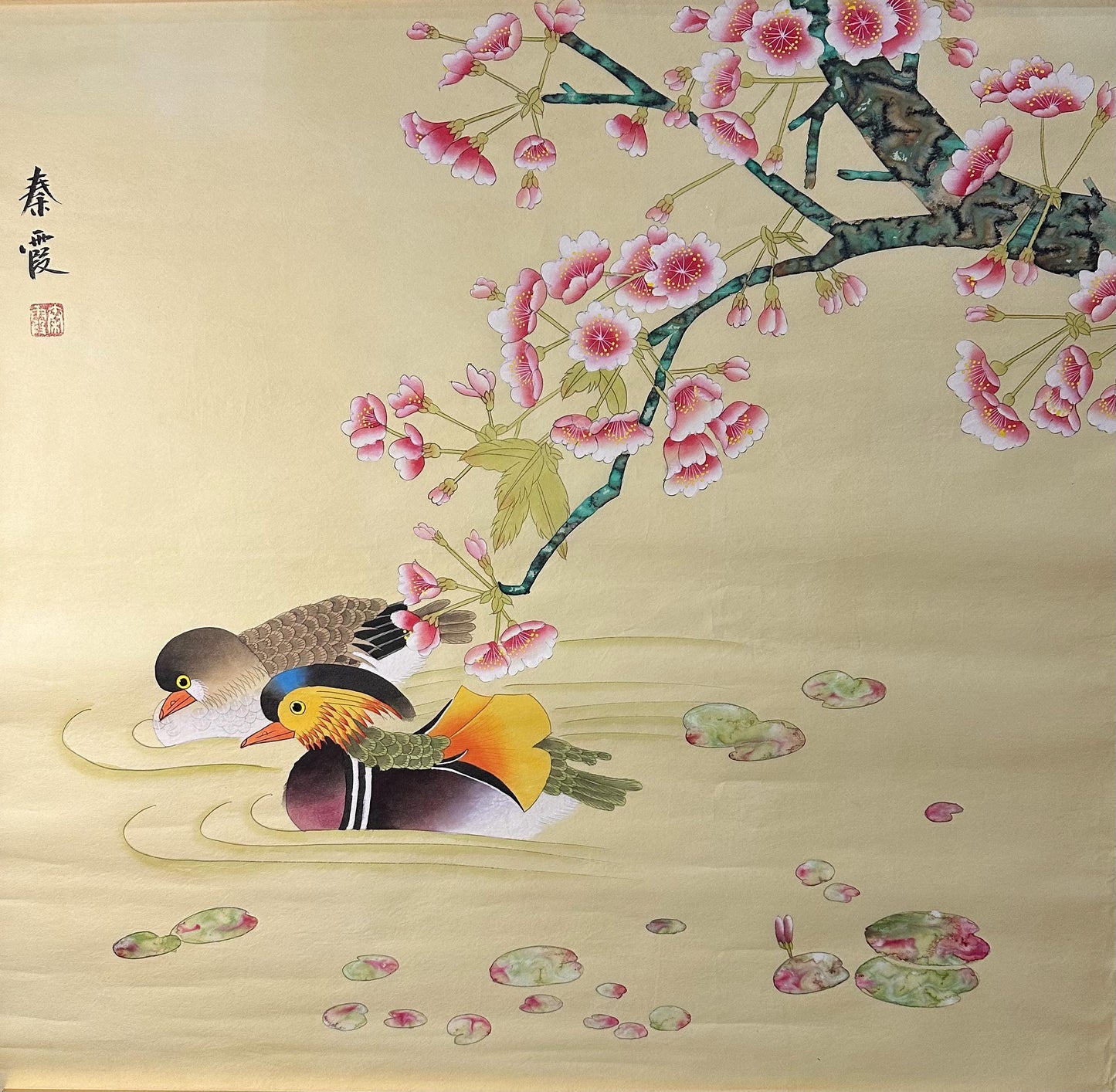 Original Chinese Gongbi Painting, Mandarin Ducks, Hand Painted Asian Wall Art, 26 Inches