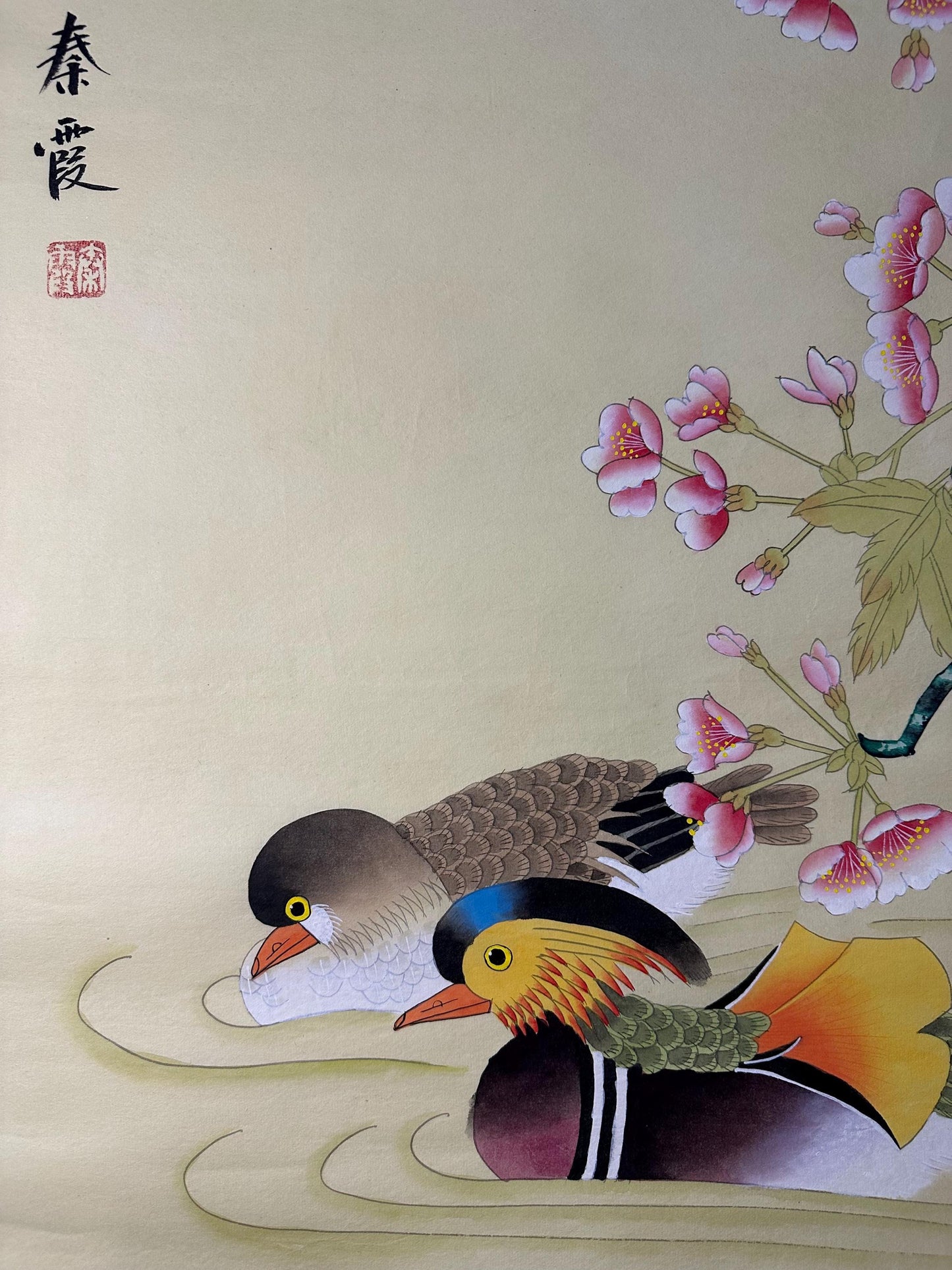 Original Chinese Gongbi Painting, Mandarin Ducks, Hand Painted Asian Wall Art, 26 Inches