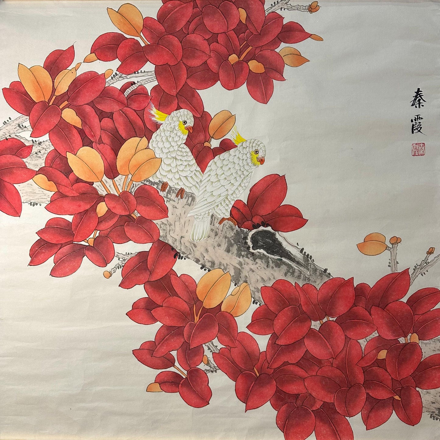 Original Chinese Gongbi Painting White Parrots & Red Leaves Hand Painted Asian Wall Art 26 Inches