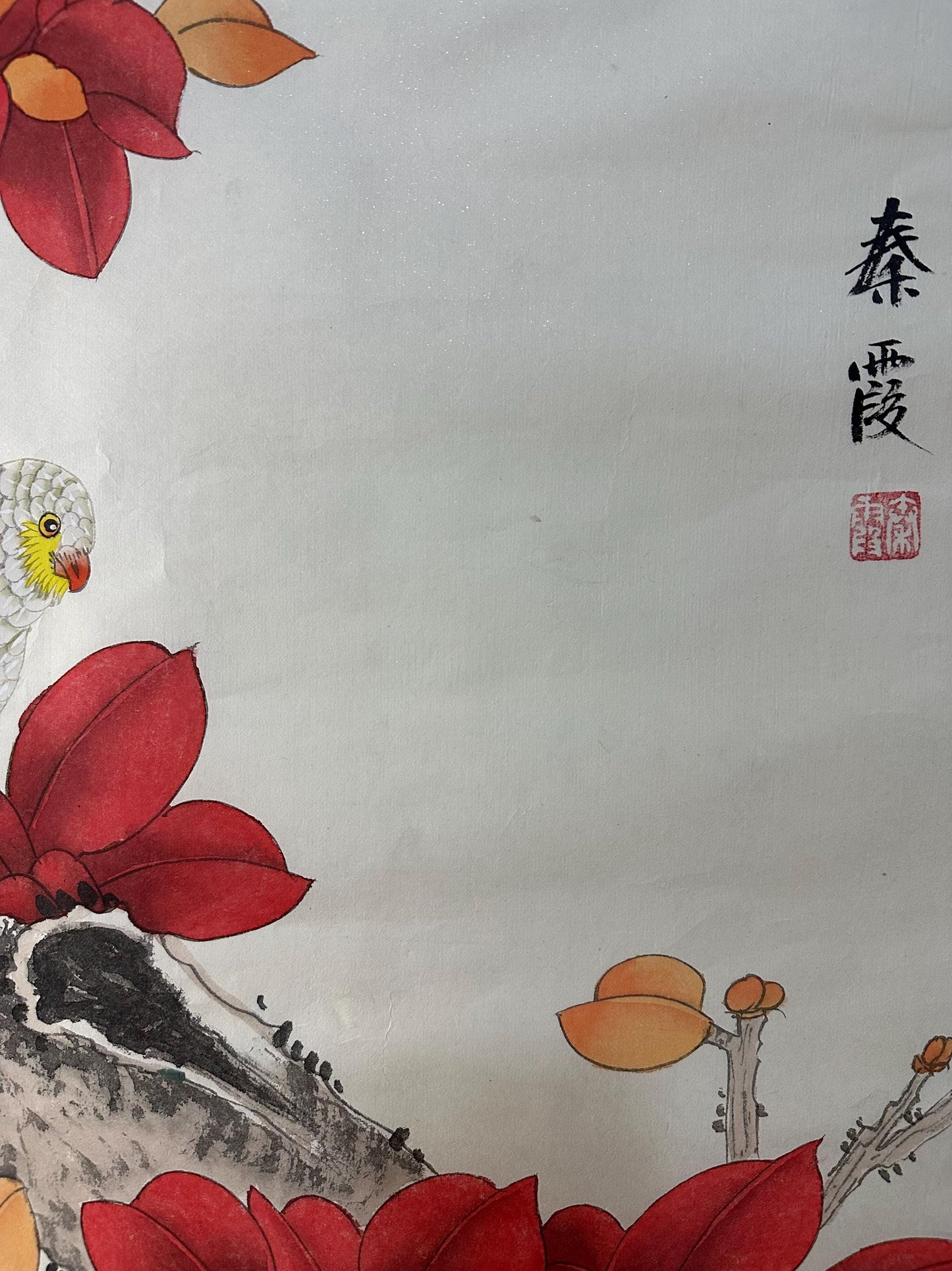 Original Chinese Gongbi Painting White Parrots & Red Leaves Hand Painted Asian Wall Art 26 Inches