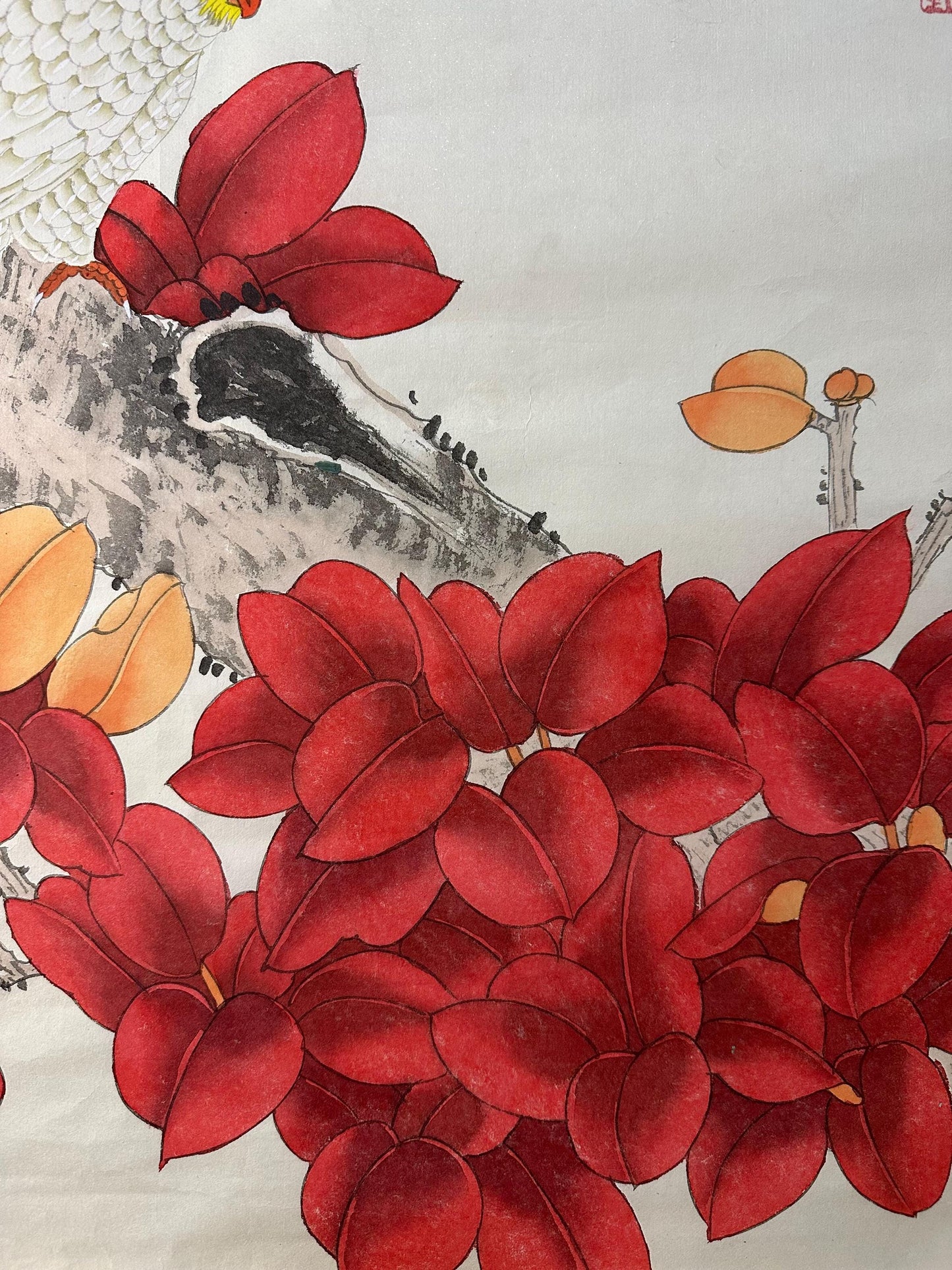 Original Chinese Gongbi Painting White Parrots & Red Leaves Hand Painted Asian Wall Art 26 Inches