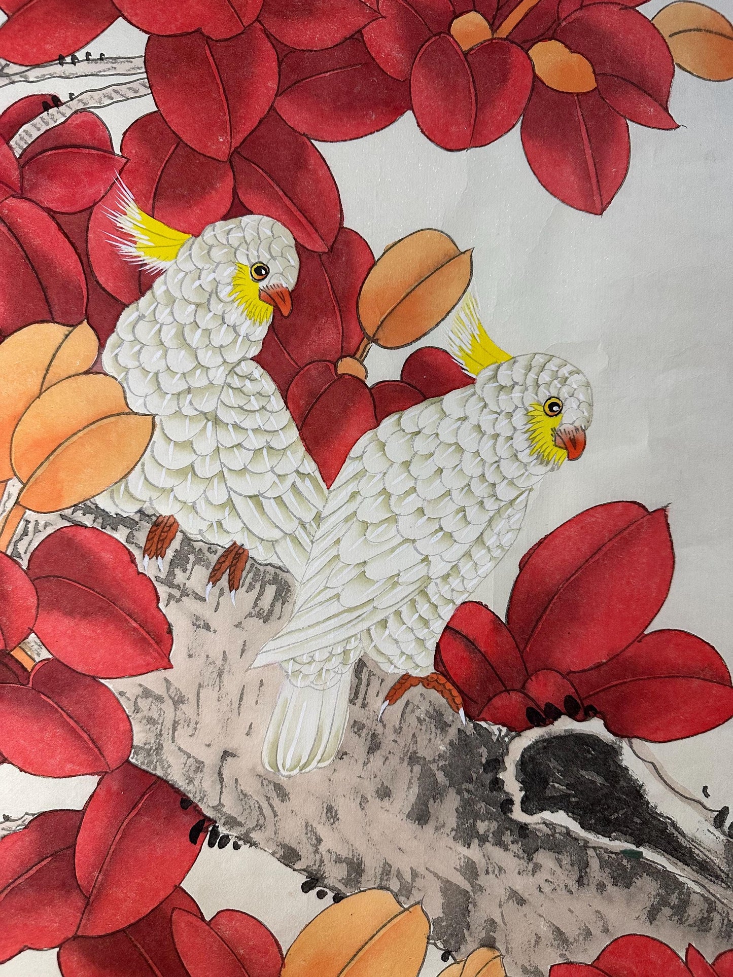 Original Chinese Gongbi Painting White Parrots & Red Leaves Hand Painted Asian Wall Art 26 Inches