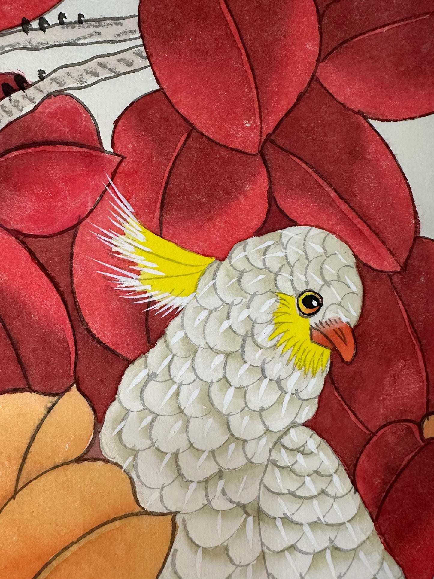 Original Chinese Gongbi Painting White Parrots & Red Leaves Hand Painted Asian Wall Art 26 Inches