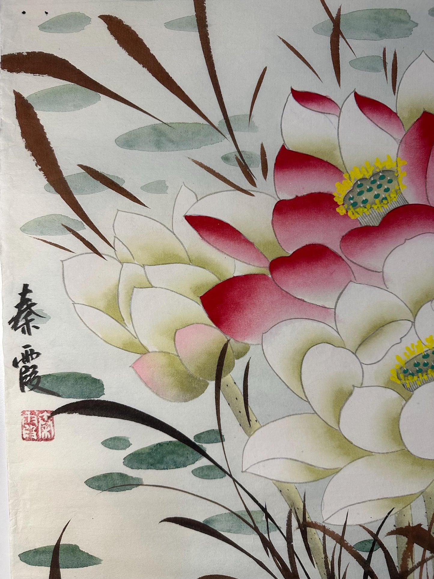 Original Chinese Gongbi Painting Lotus Flowers & Birds Hand Painted Asian Wall Art 26 Inches