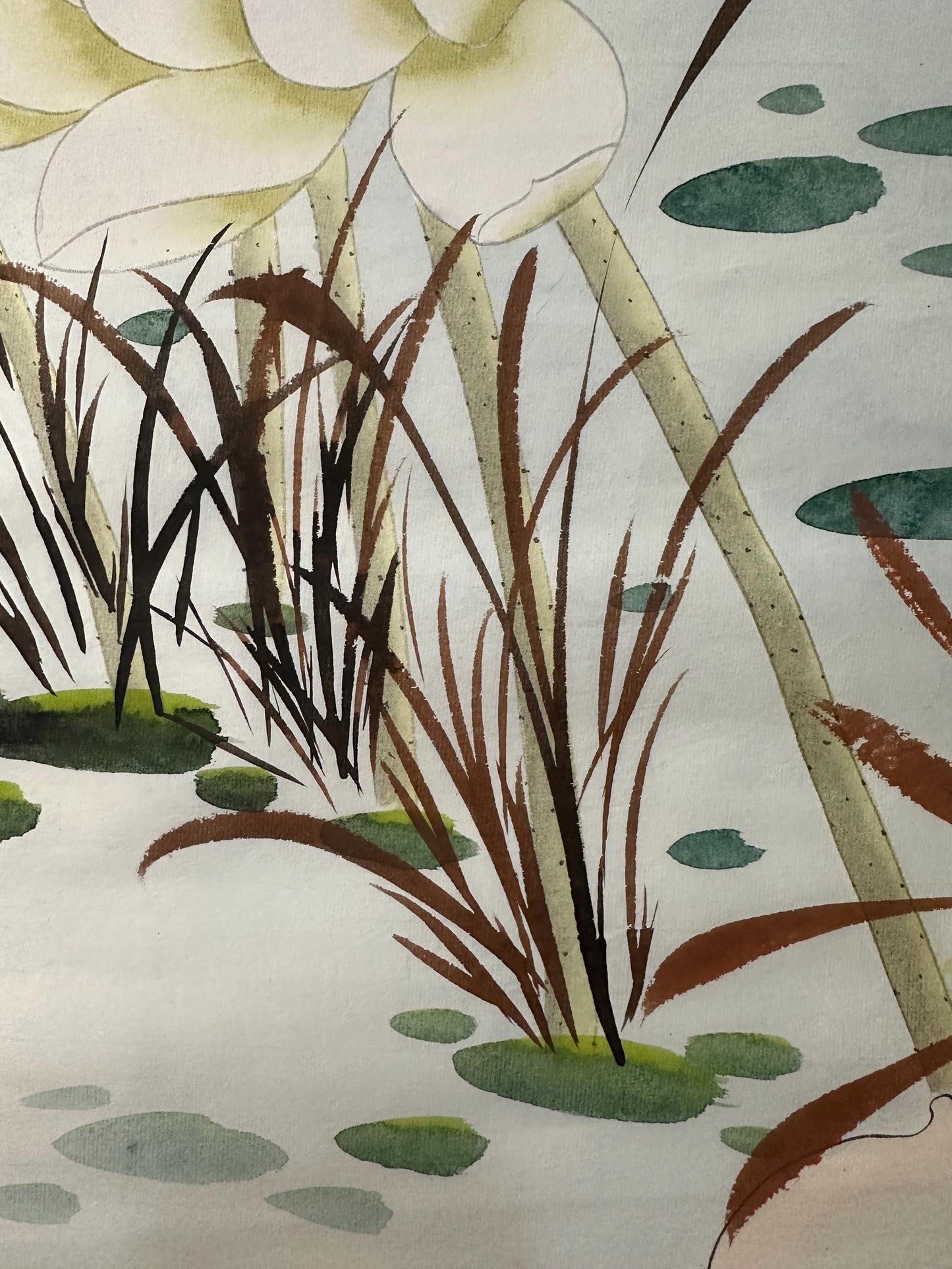 Original Chinese Gongbi Painting Lotus Flowers & Birds Hand Painted Asian Wall Art 26 Inches