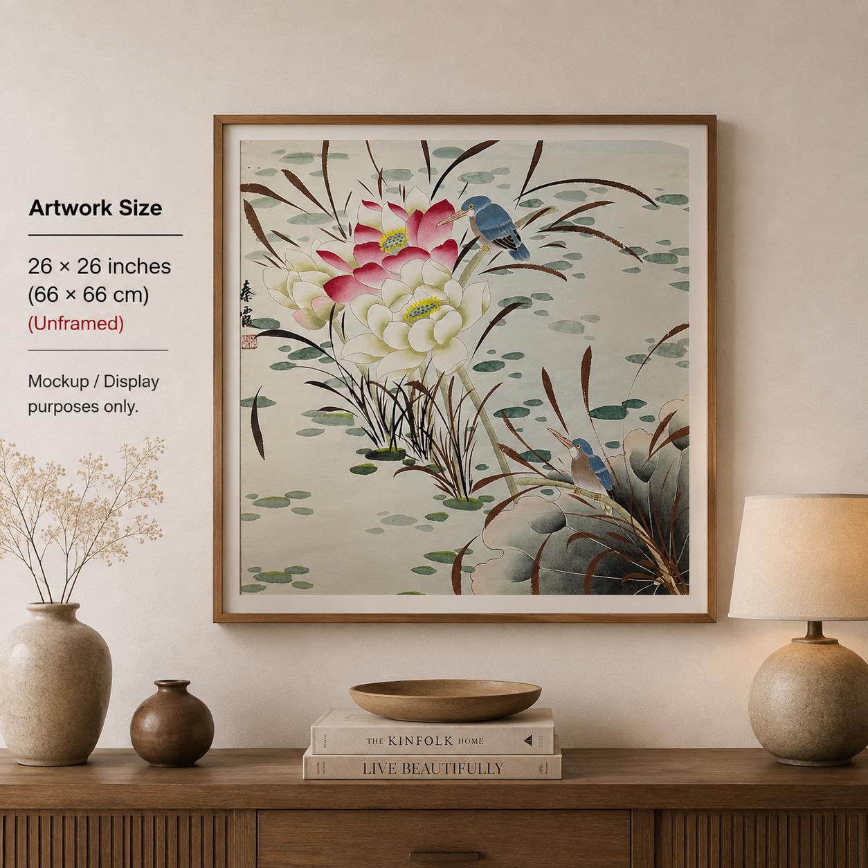 Original Chinese Gongbi Painting Lotus Flowers & Birds Hand Painted Asian Wall Art 26 Inches