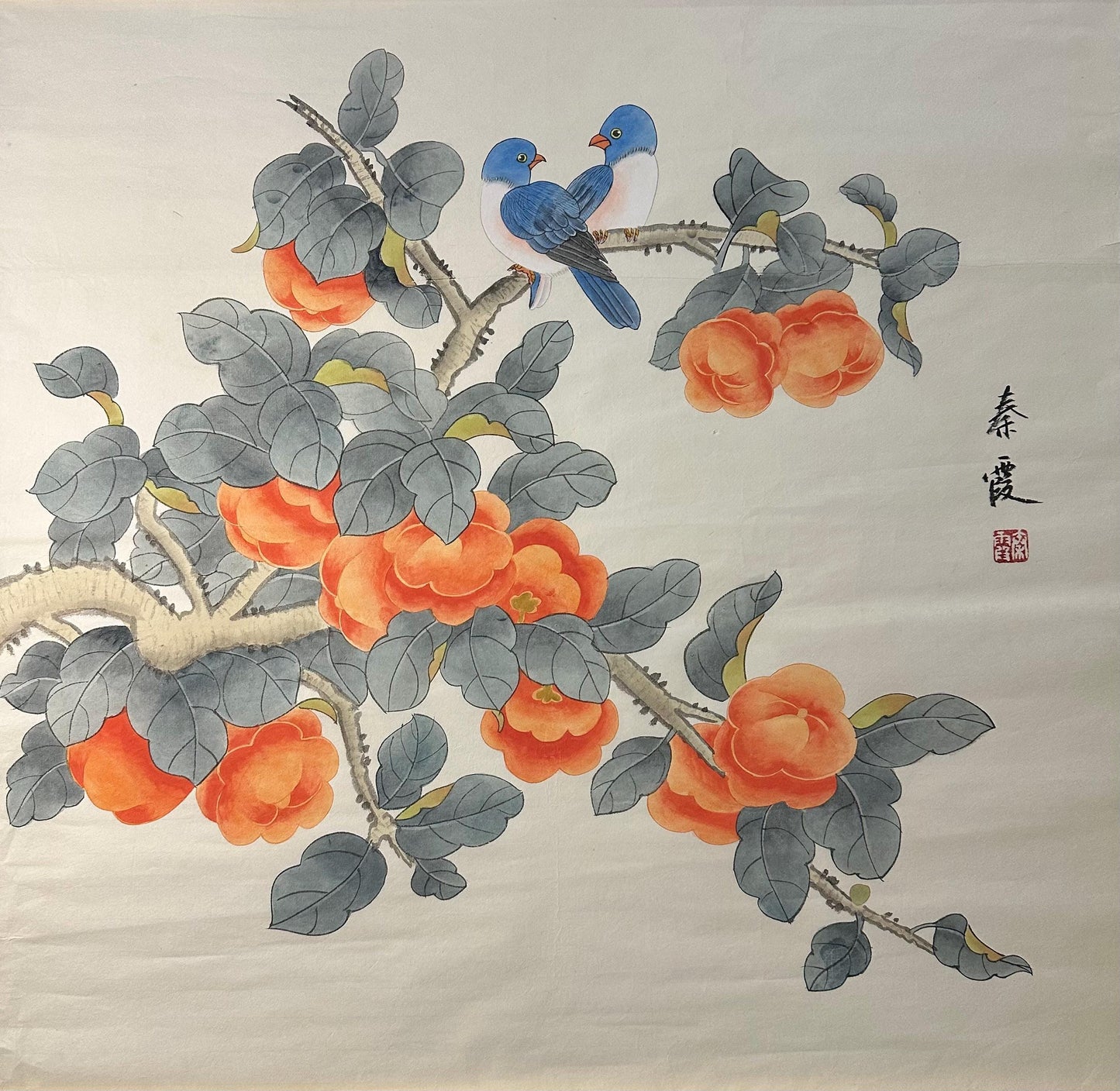 Original Chinese Gongbi Painting Persimmons & Birds Hand Painted Asian Wall Art 26 Inches
